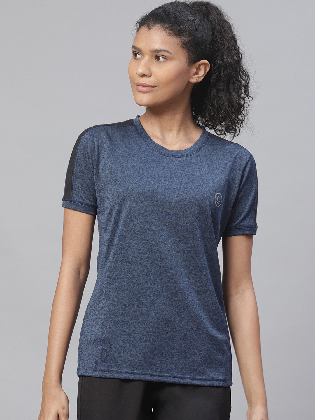 

CHKOKKO Women Navy Blue Solid Round Neck Yoga T-shirt