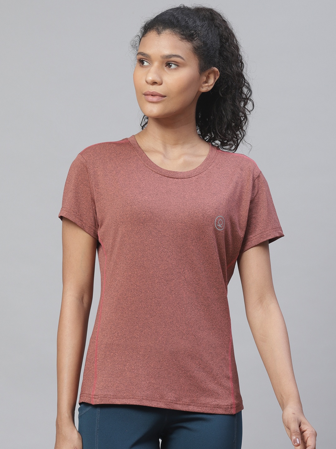 

Chkokko Women Rust Brown Solid Round Neck Yoga T-shirt