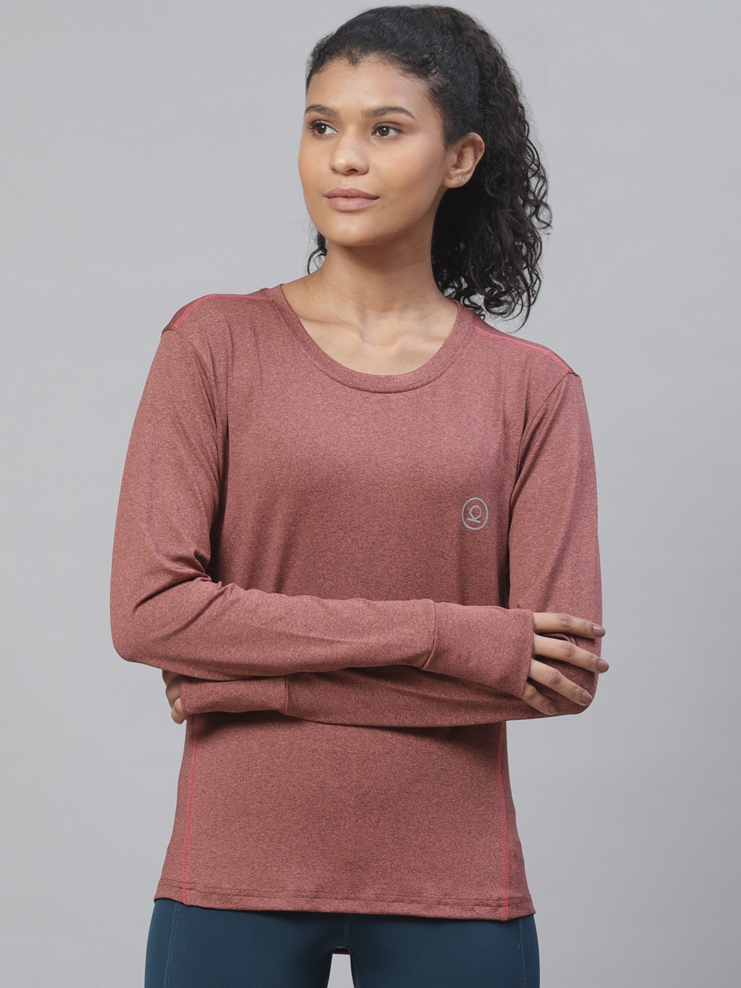 

Chkokko Women Rust Brown Solid Round Neck Yoga T-shirt