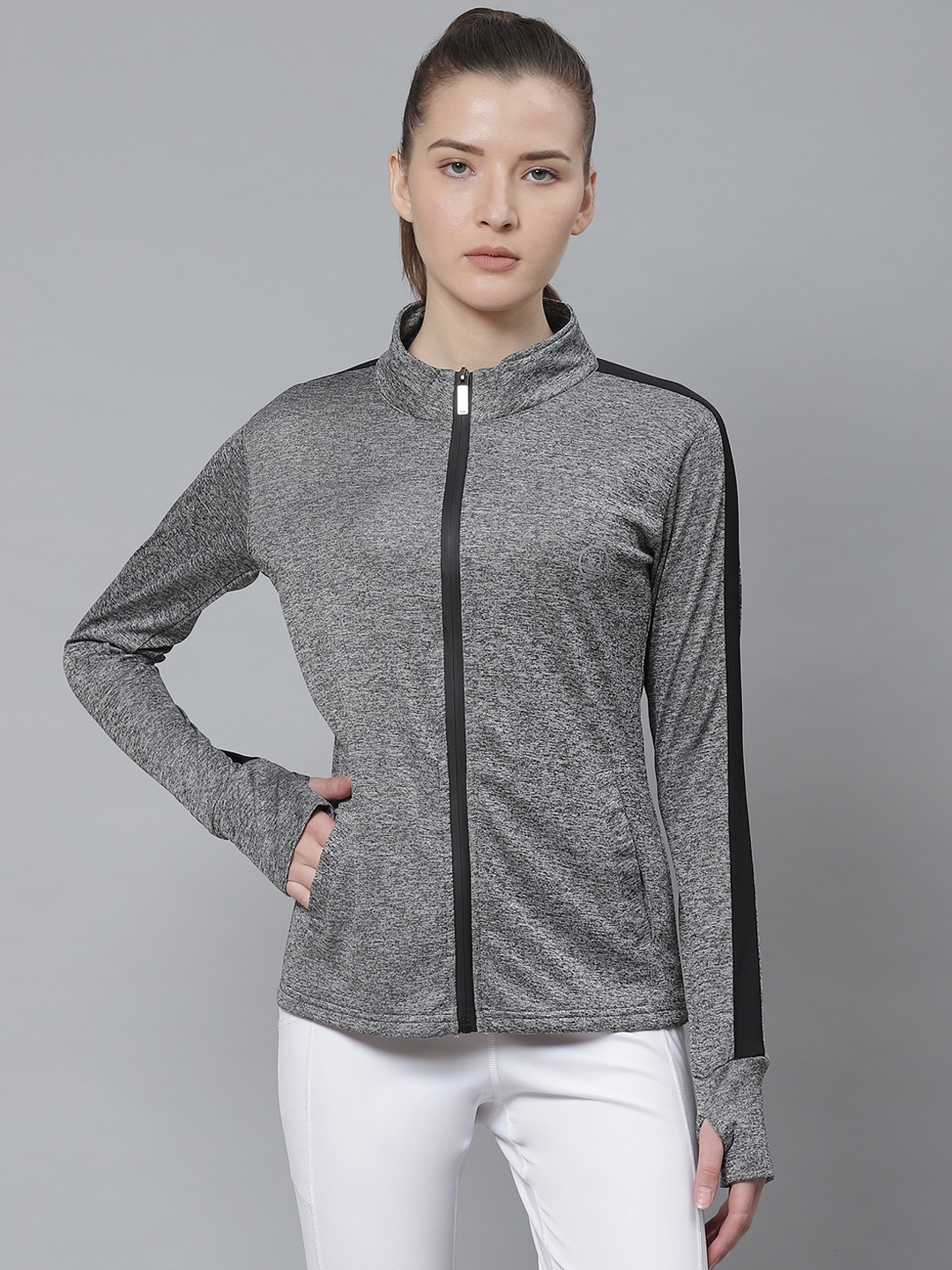

Chkokko Women Grey Melange Solid Dryfit Running Jacket