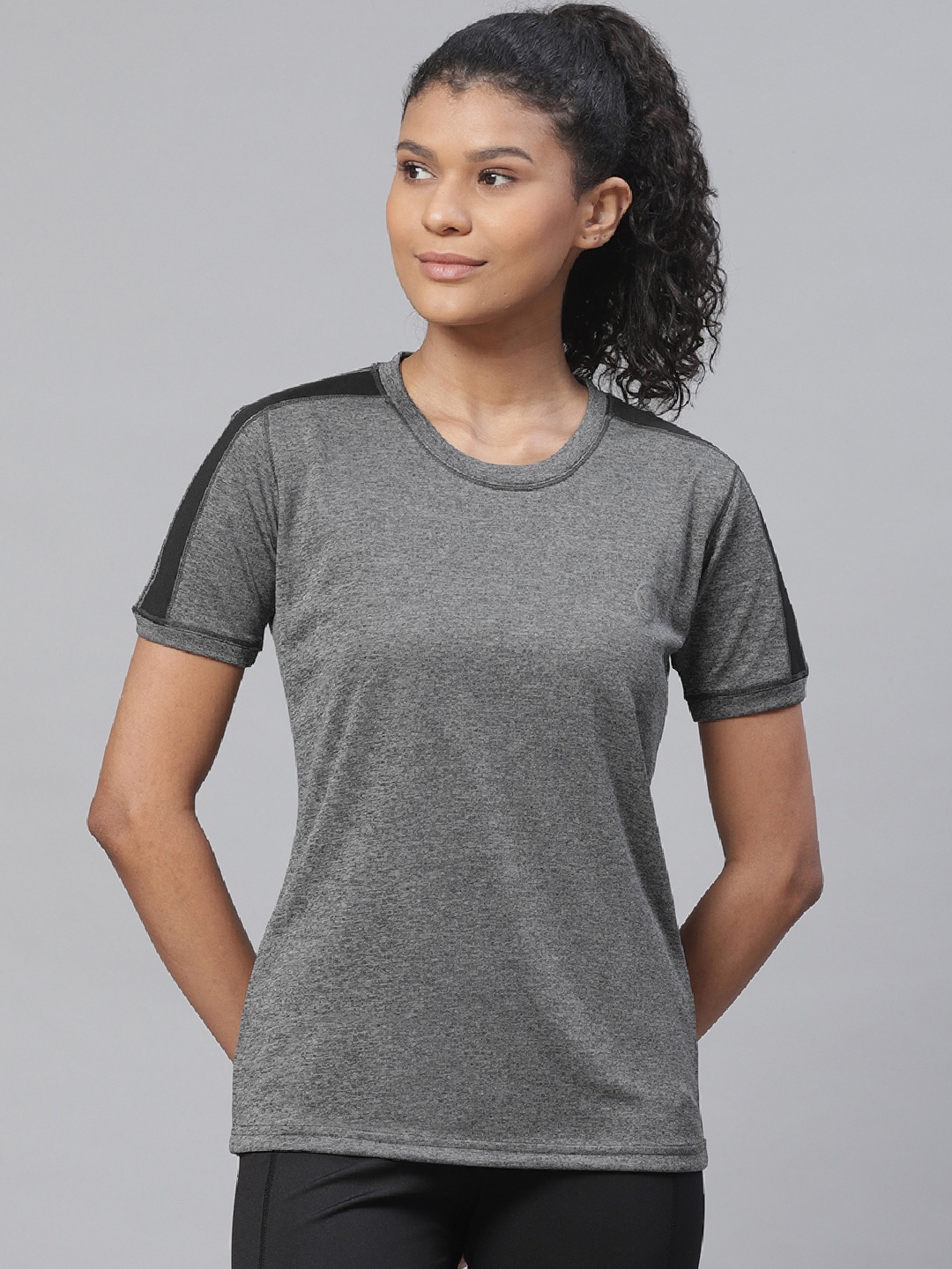 

Chkokko Women Charcoal Grey Solid Round Neck Yoga T-shirt