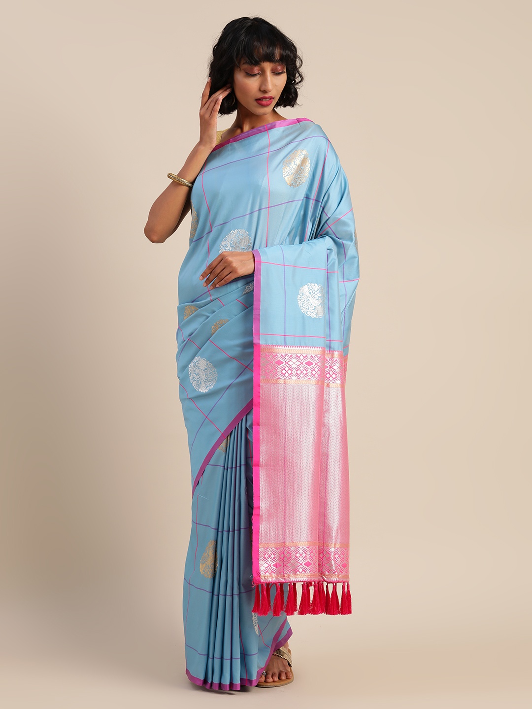 

VASTRANAND Blue & Pink Silk Blend Checked Banarasi Saree