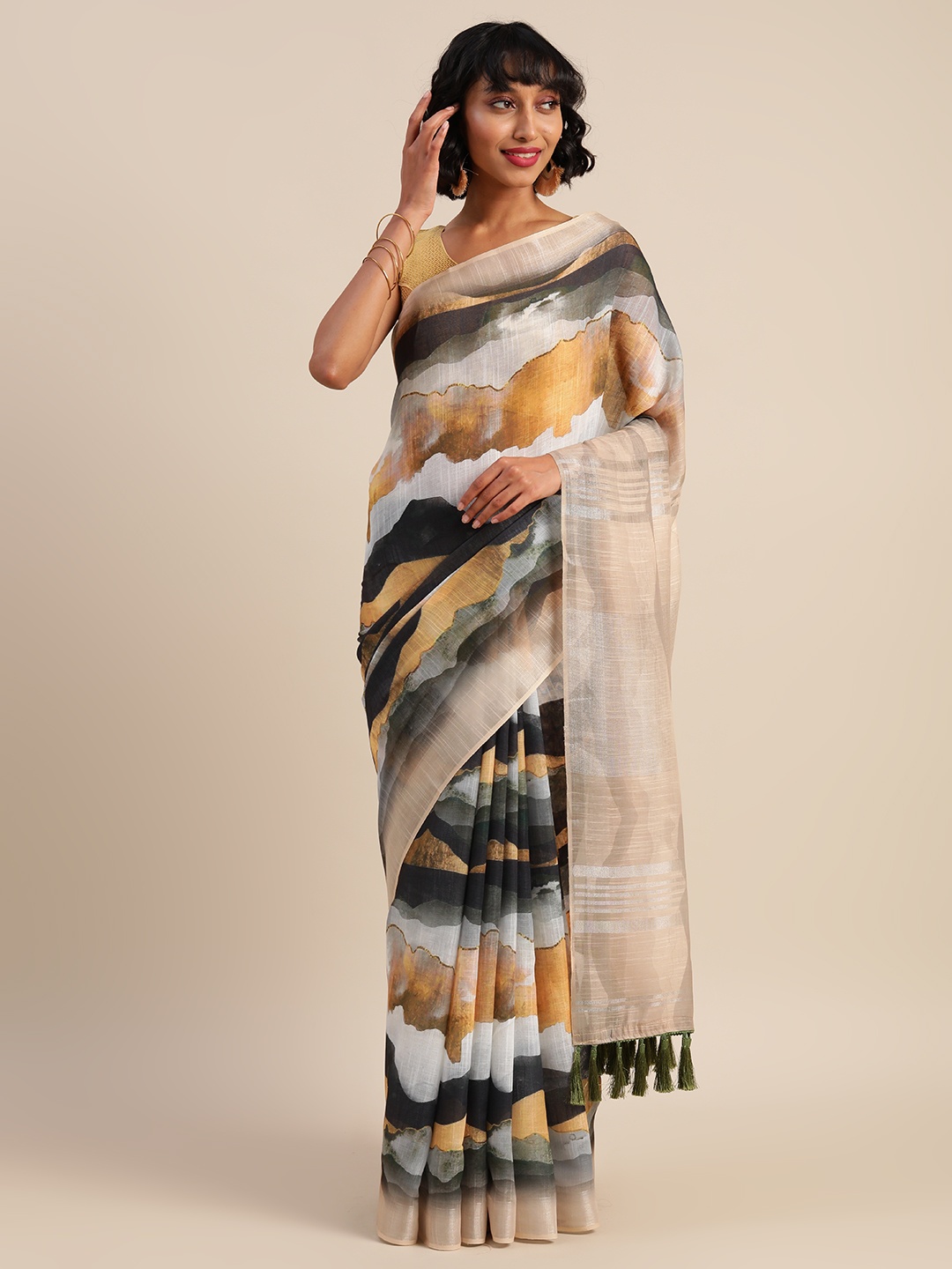 

VASTRANAND Beige & White Linen Blend Printed Banarasi Saree