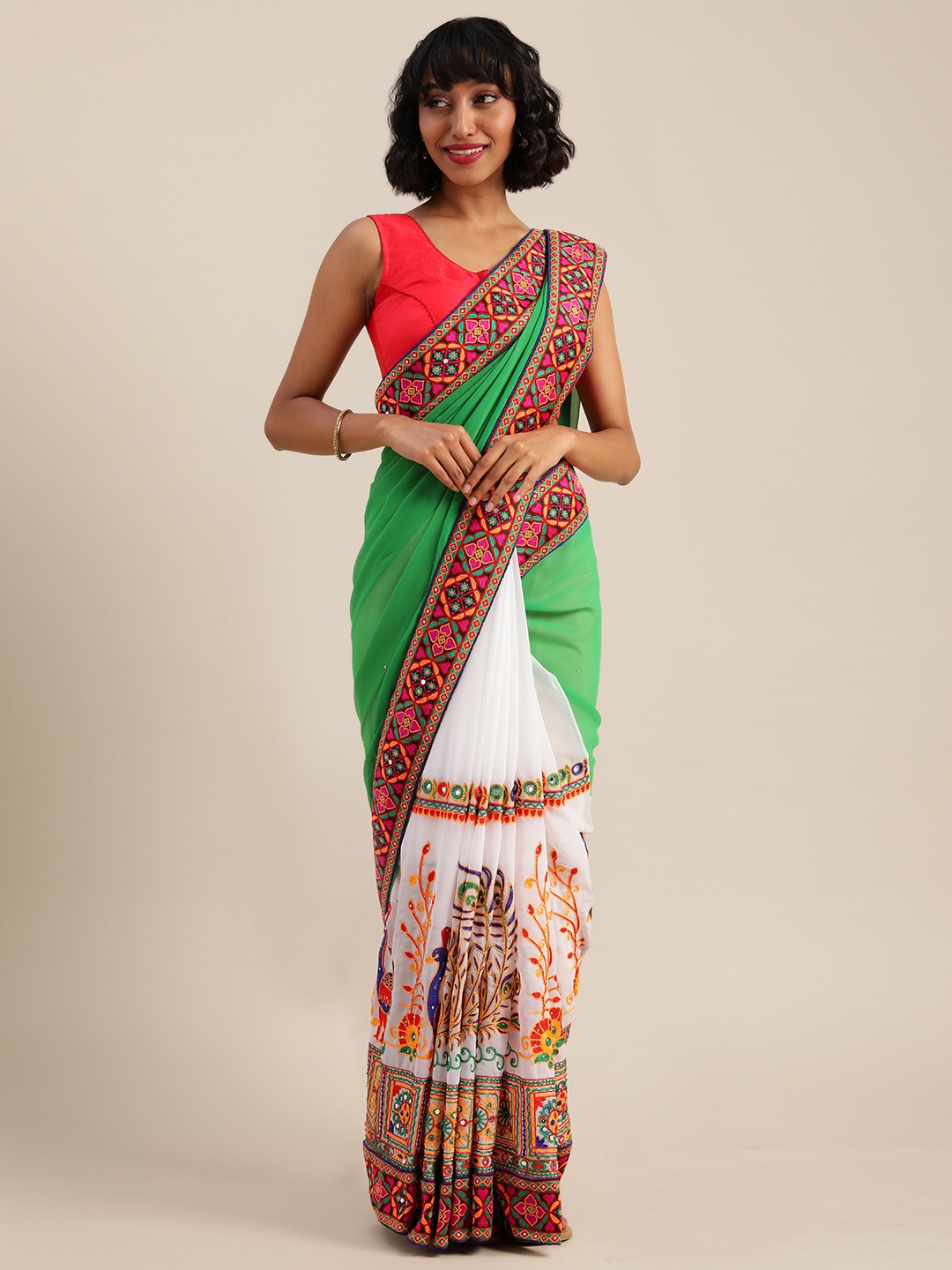 

VASTRANAND Green & Off-White Poly Georgette Embroidered Saree