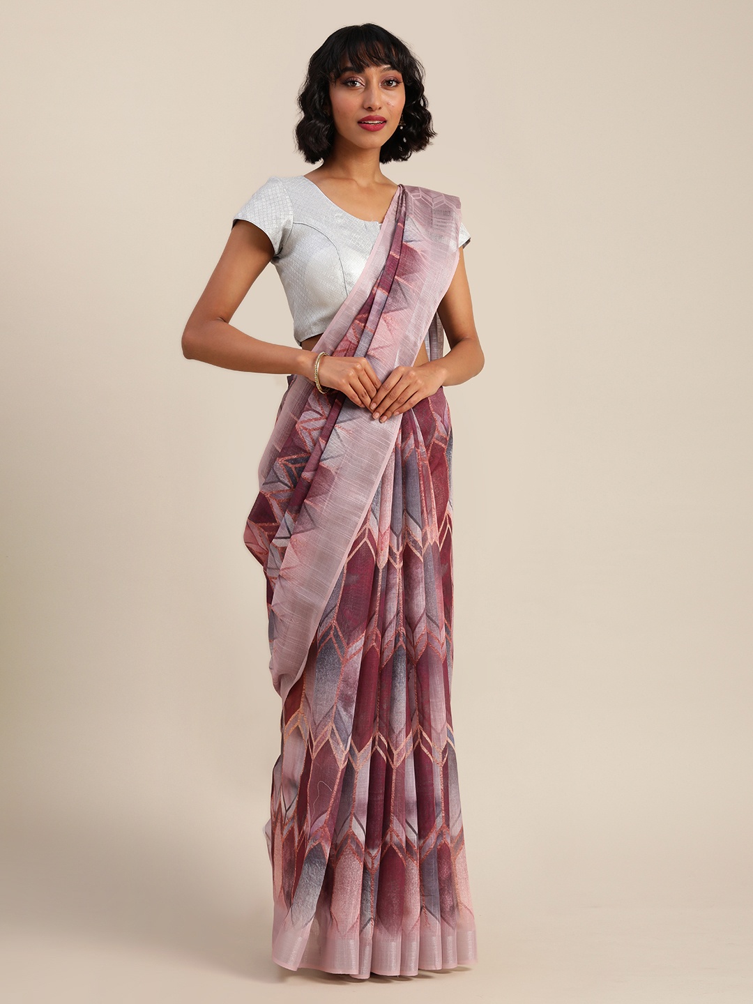 

VASTRANAND Maroon & Grey Linen Blend Printed Banarasi Saree
