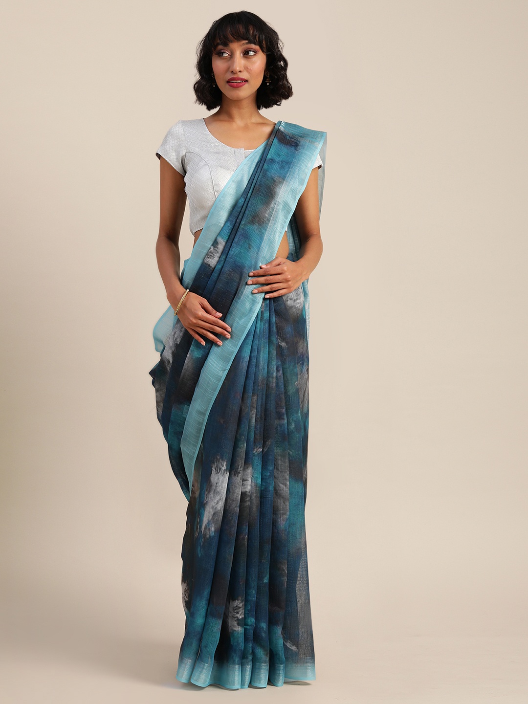 

VASTRANAND Teal Blue & Grey Linen Blend Printed Banarasi Saree