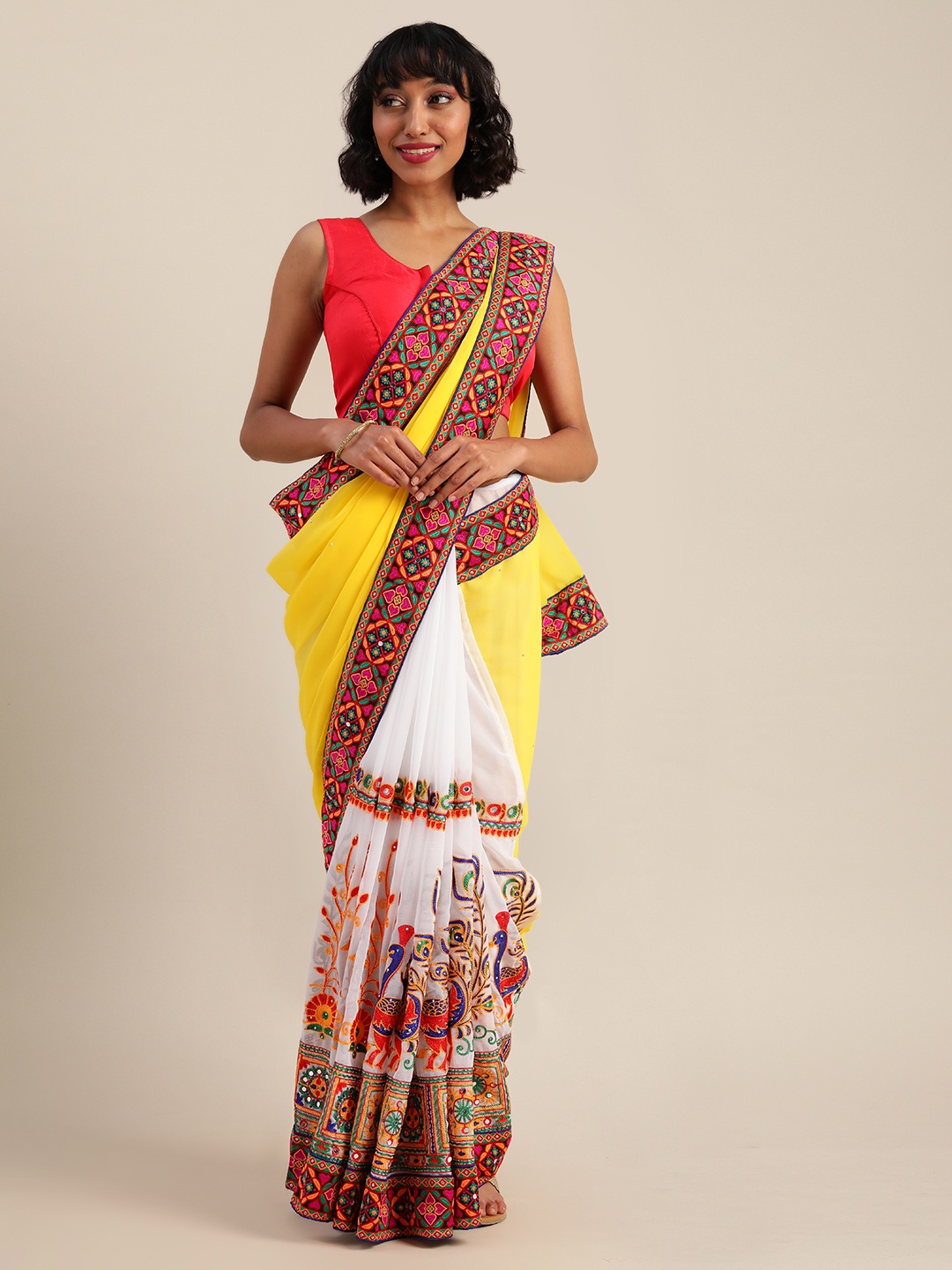

VASTRANAND Yellow & White Poly Georgette Embroidered Saree