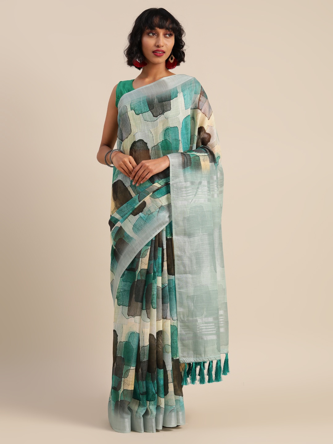 

VASTRANAND Cream-Coloured & Green Linen Blend Printed Banarasi Saree