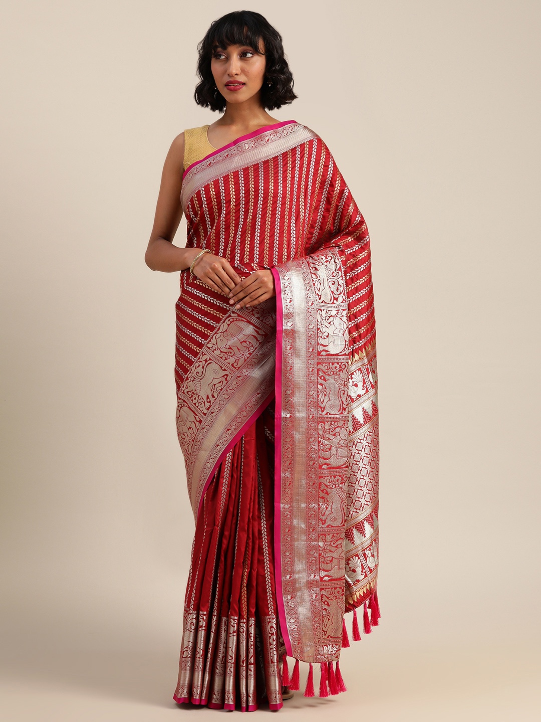 

VASTRANAND Red & Silver-Toned Silk Blend Embellished Banarasi Saree