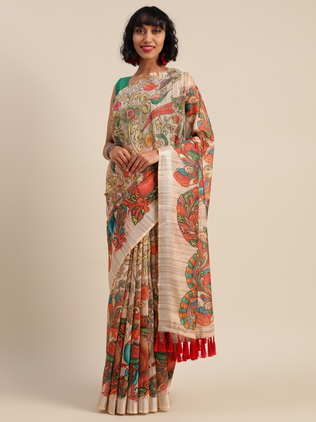 

VASTRANAND Multicoloured Linen Blend Kalamkari Printed Banarasi Saree, Multi