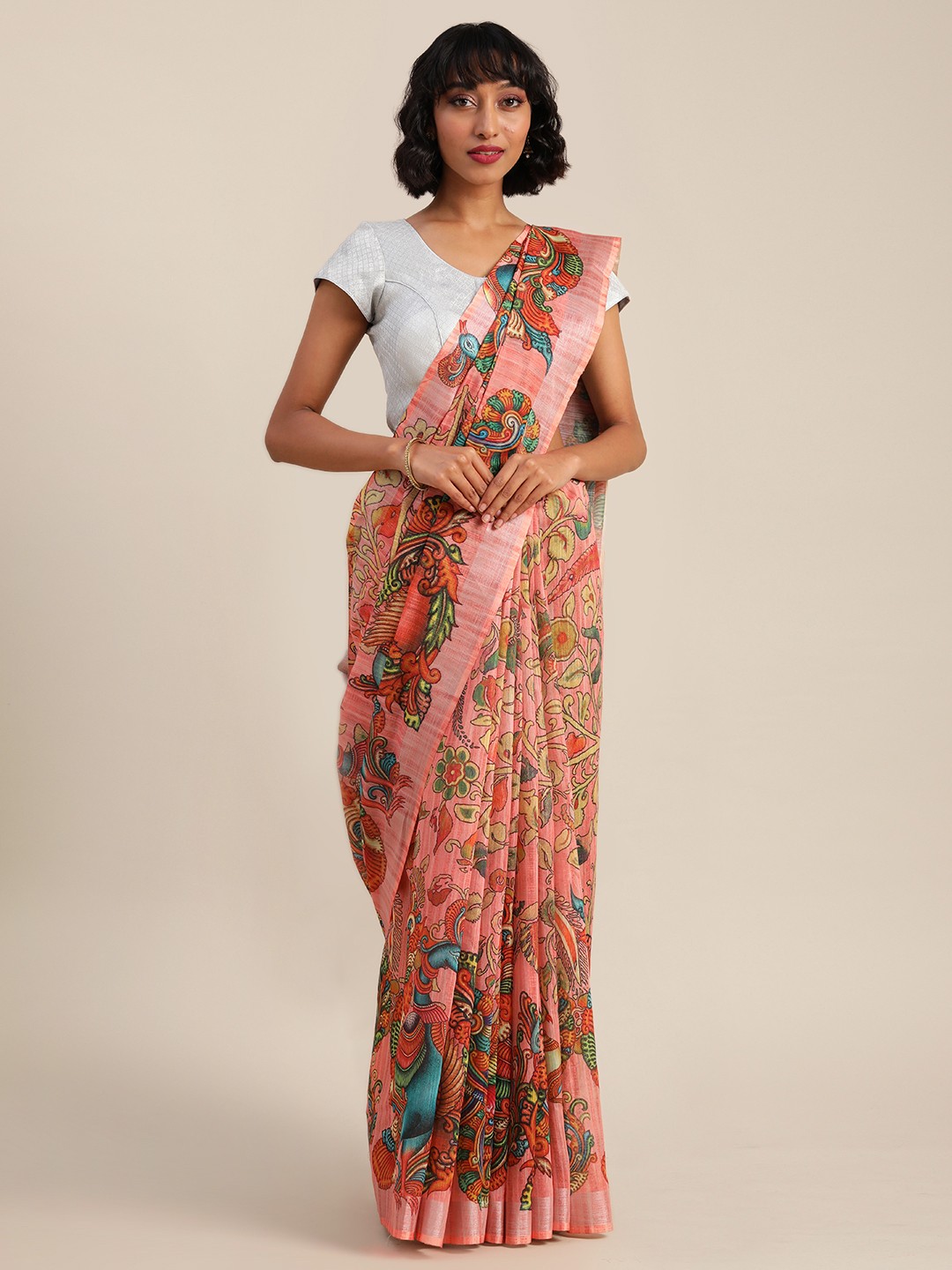 

VASTRANAND Pink & Yellow Linen Blend Kalamkari Printed Banarasi Saree
