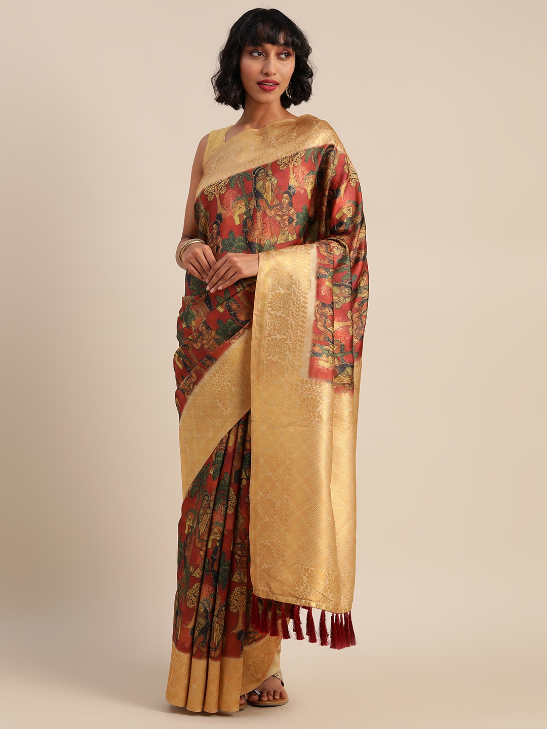 

VASTRANAND Brown & Golden Silk Blend Kalamkari Printed Festive Saree
