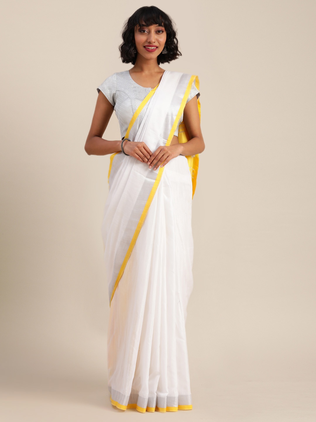 

VASTRANAND White & Yellow Cotton Blend Solid Bhagalpuri Saree