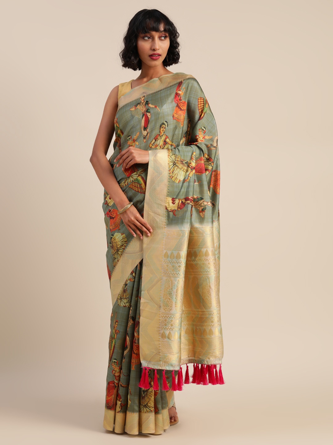 

VASTRANAND Grey & Golden Silk Blend Kalamkari Printed Festive Saree