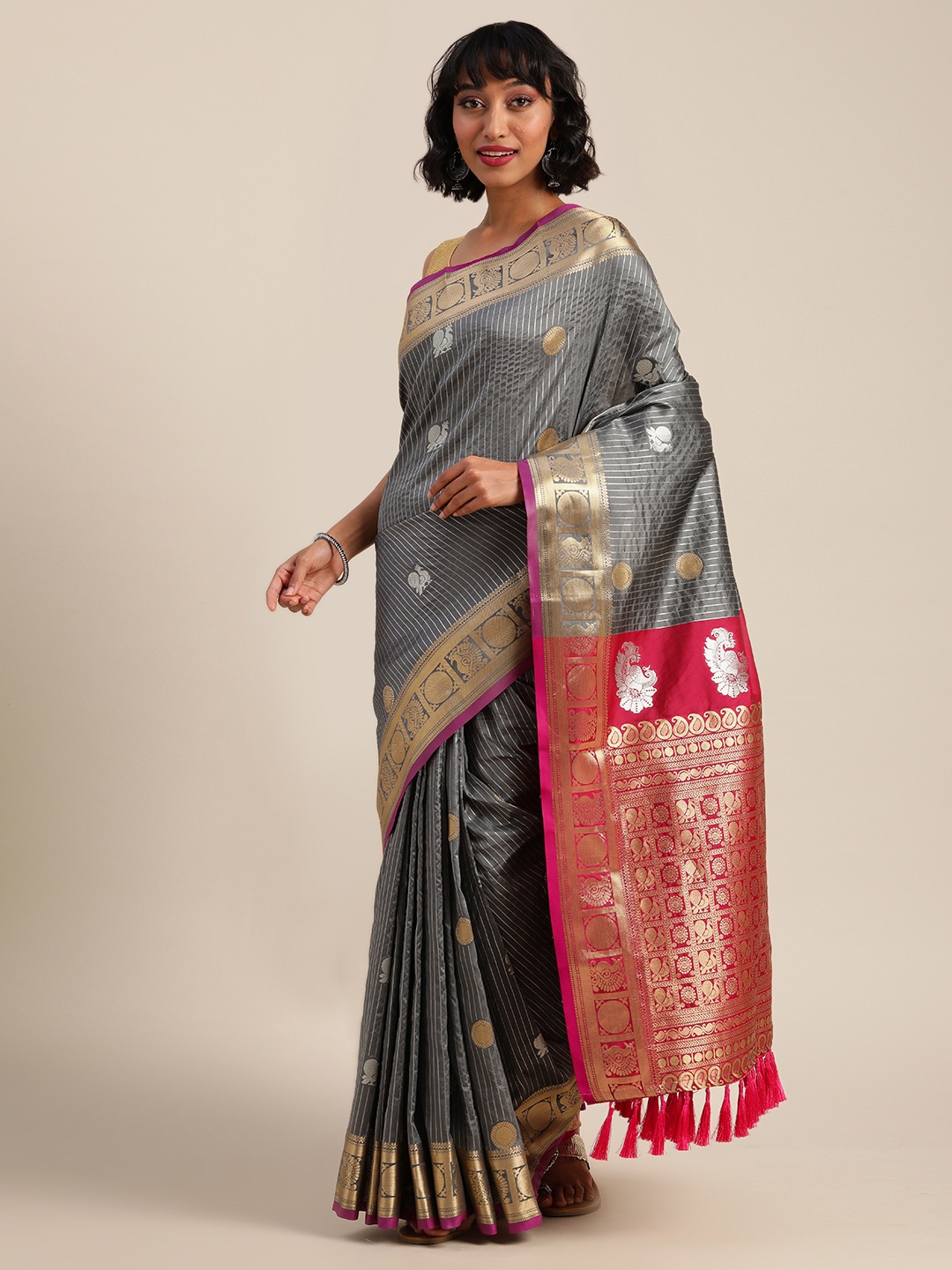 VASTRANAND Grey Silk Blend Woven Design Banarasi Saree