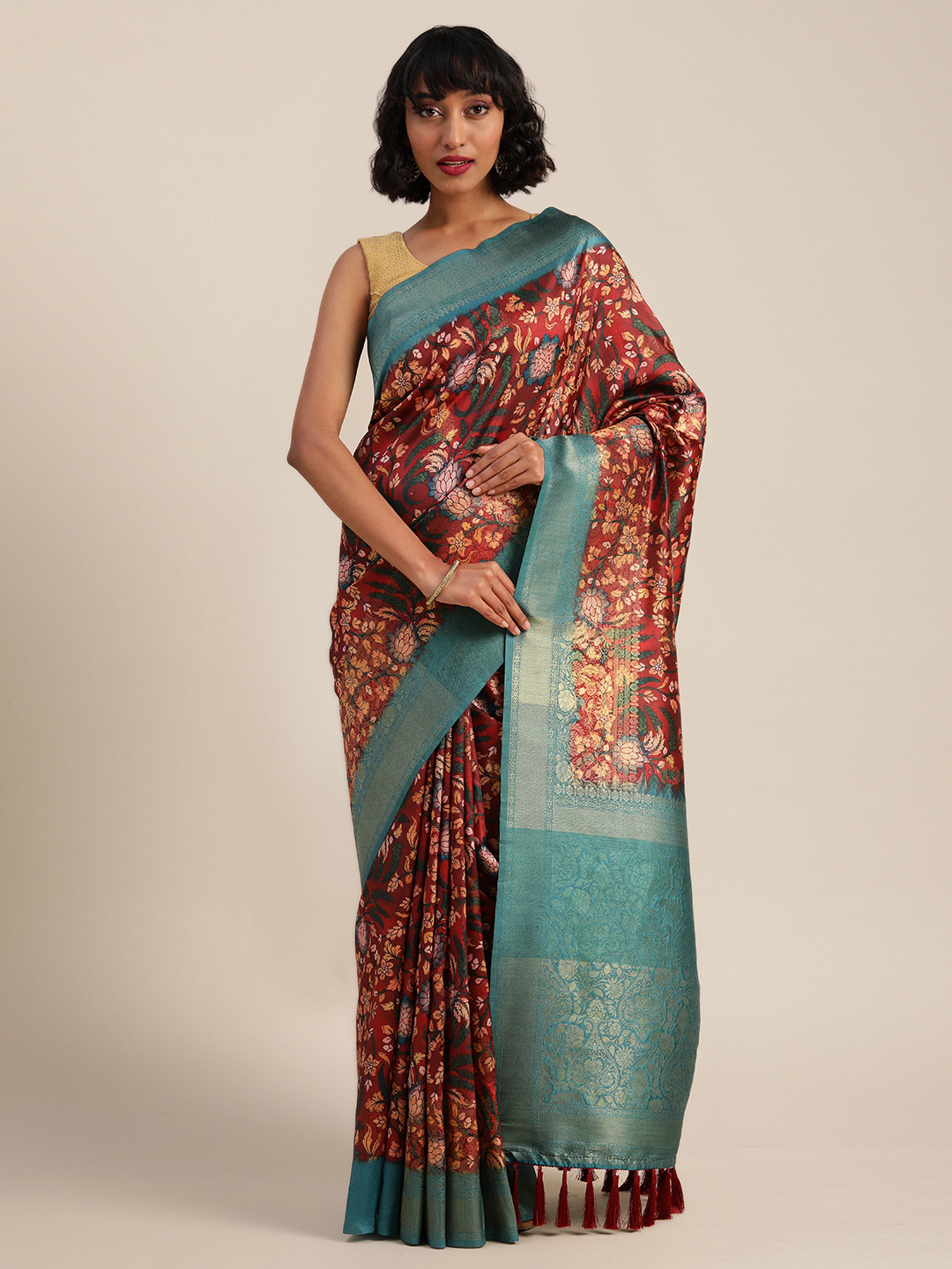

VASTRANAND Maroon & Blue Silk Blend Printed Saree