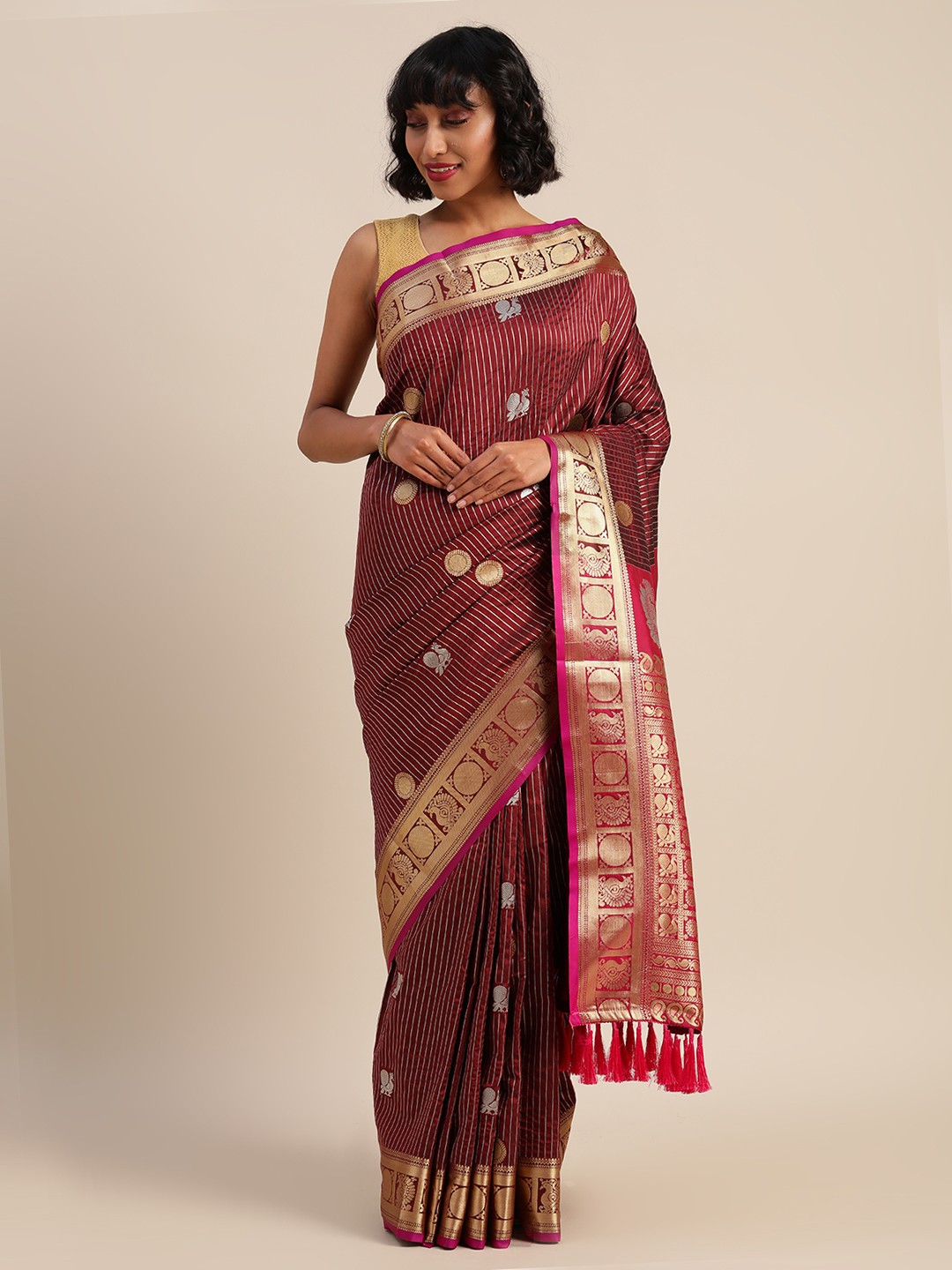 

VASTRANAND Brown & Gold-Toned Silk Blend Striped Banarasi Saree
