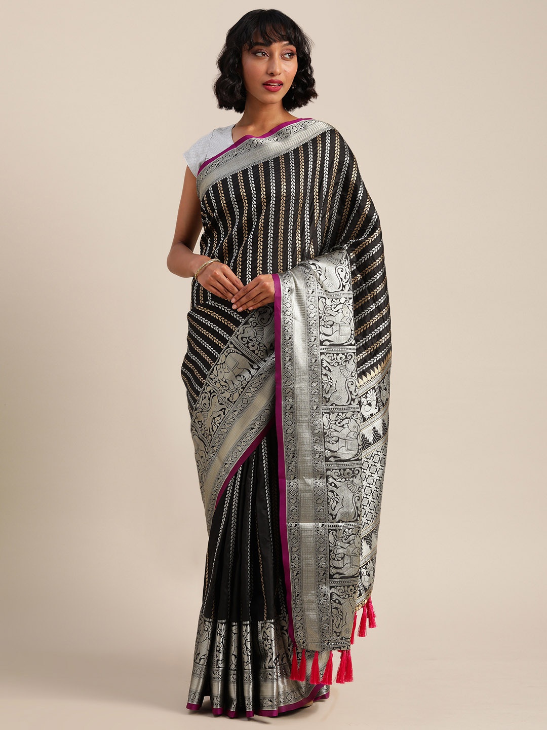 

VASTRANAND Black & Silver-Toned Silk Blend Striped Banarasi Saree