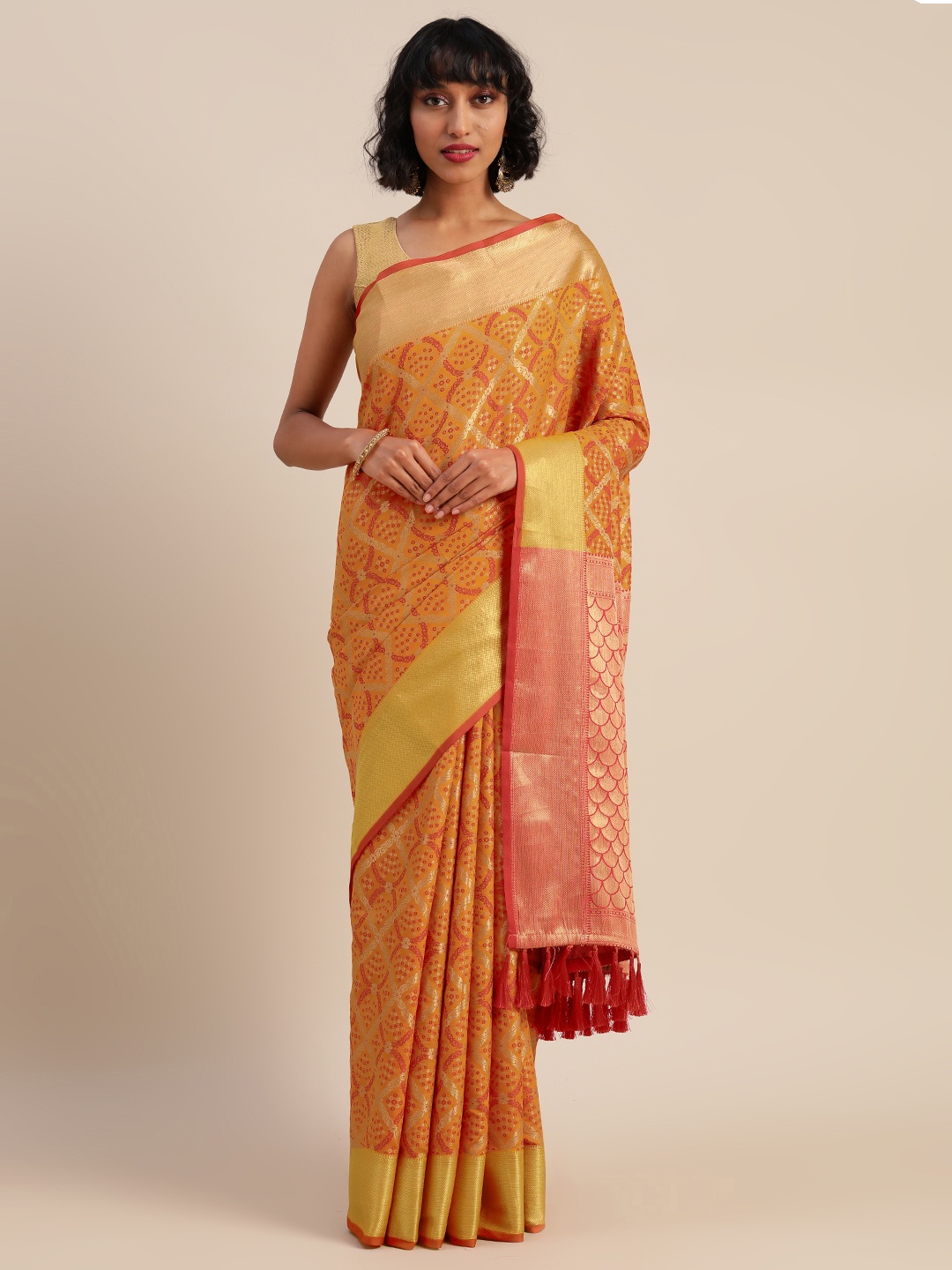 

VASTRANAND Yellow & Red Silk Blend Woven Design Patola Saree