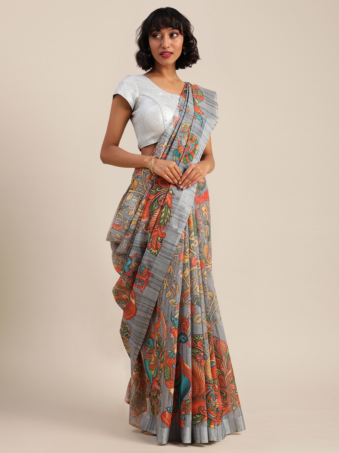 

VASTRANAND Grey & Orange Linen Blend Kalamkari Printed Banarasi Saree
