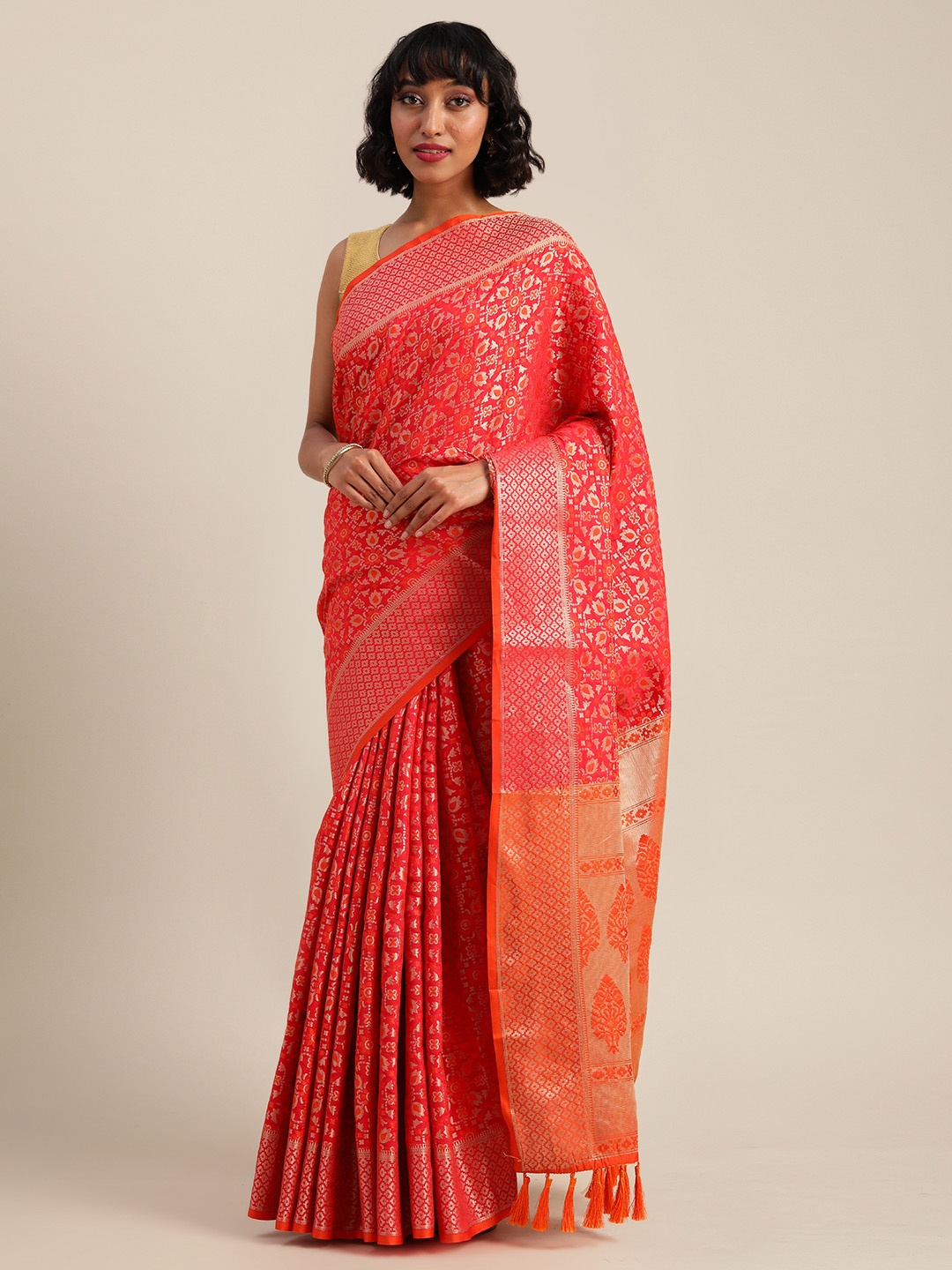 

VASTRANAND Red & Orange Silk Blend Woven Design Patola Saree