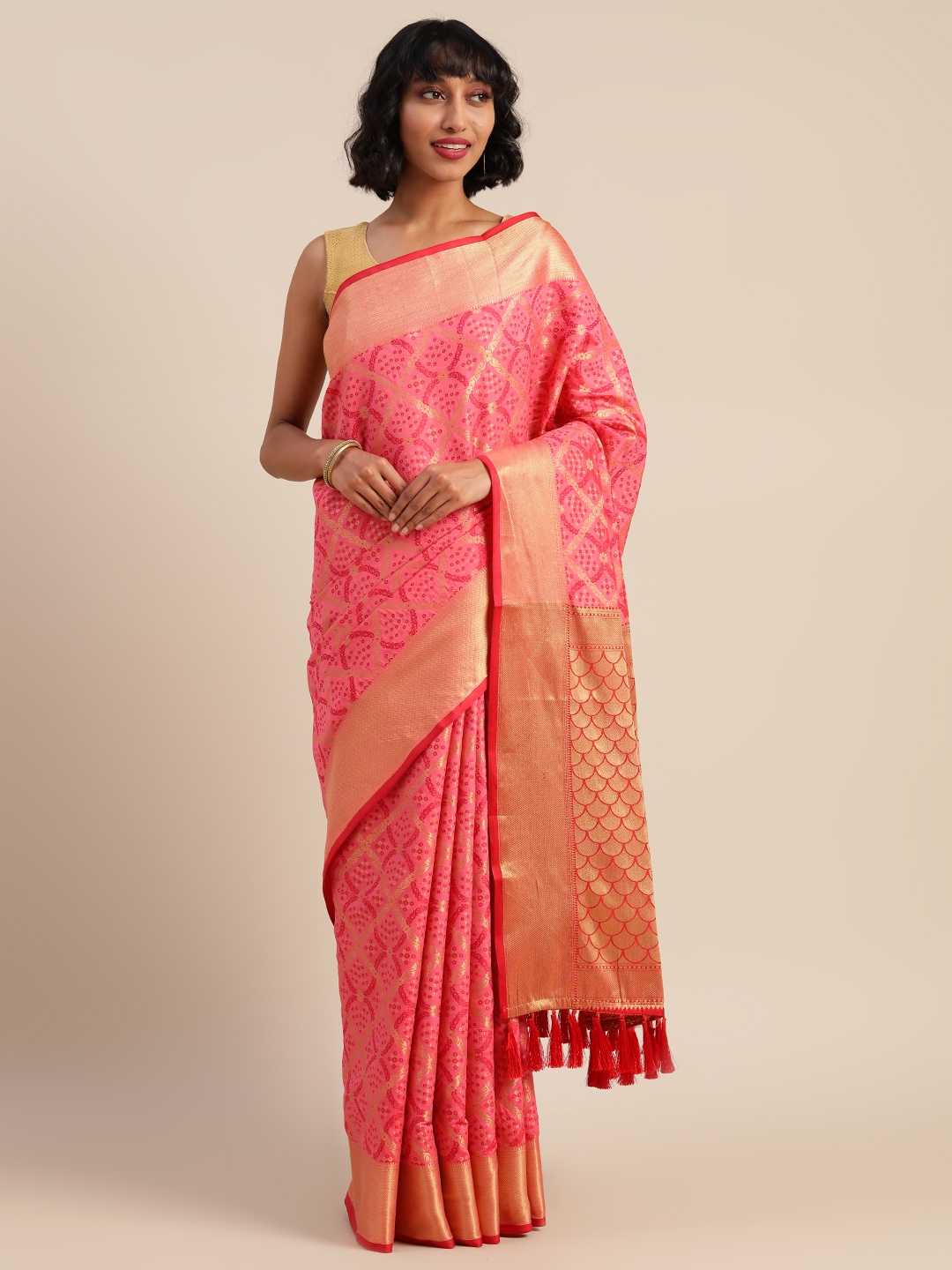 

VASTRANAND Rose & Gold-Toned Silk Blend Woven Design Patola Saree