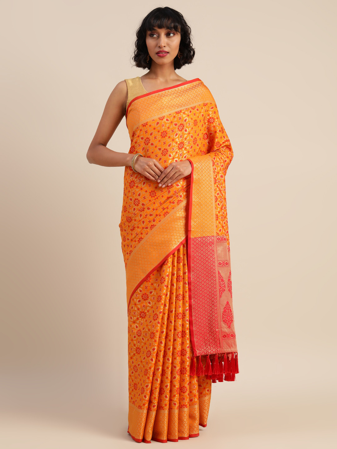 

VASTRANAND Mustard Yellow & Red Silk Blend Woven Design Patola Saree