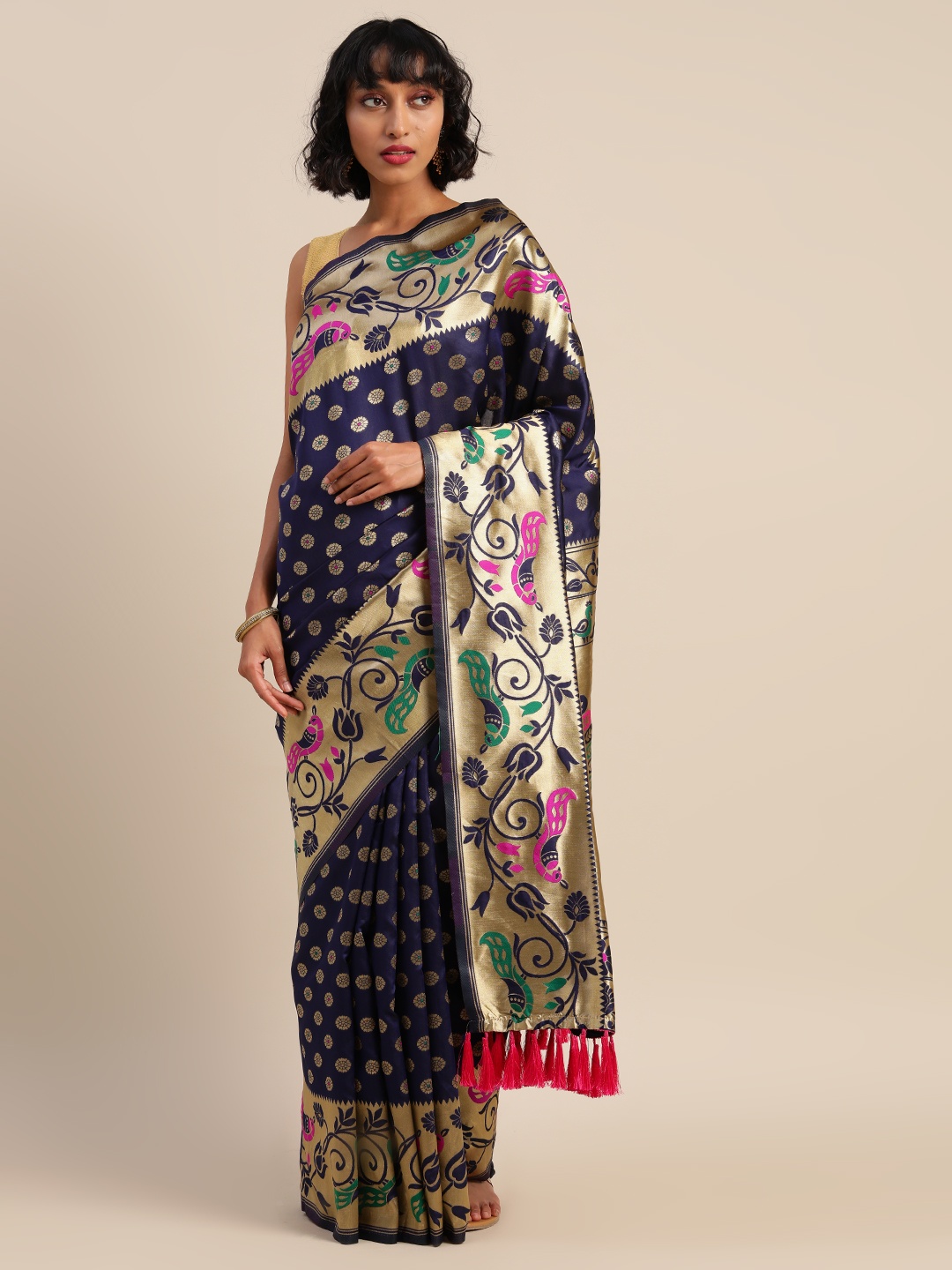 

VASTRANAND Navy Blue & Golden Silk Blend Woven Design Banarasi Saree
