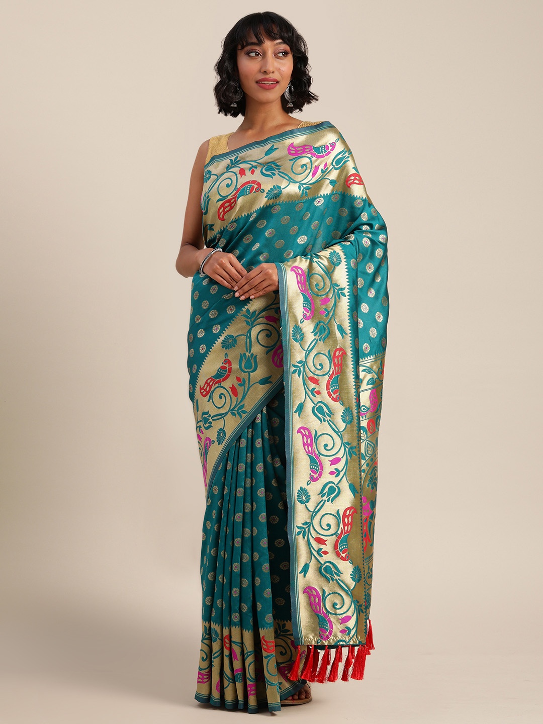 

VASTRANAND Teal Green & Gold-Toned Silk Blend Woven Design Banarasi Saree