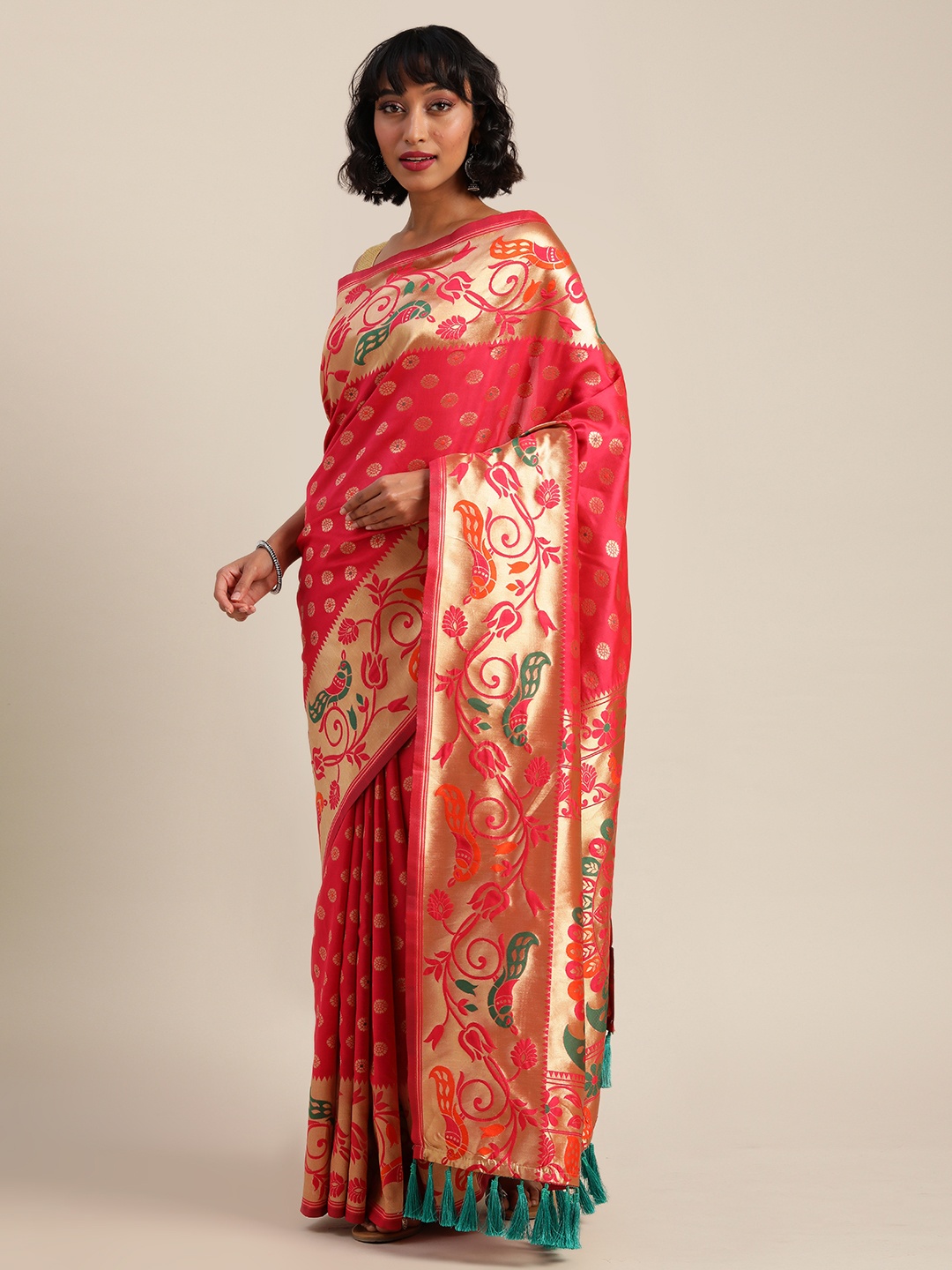 

VASTRANAND Pink & Gold-Toned Silk Blend Woven Design Banarasi Saree
