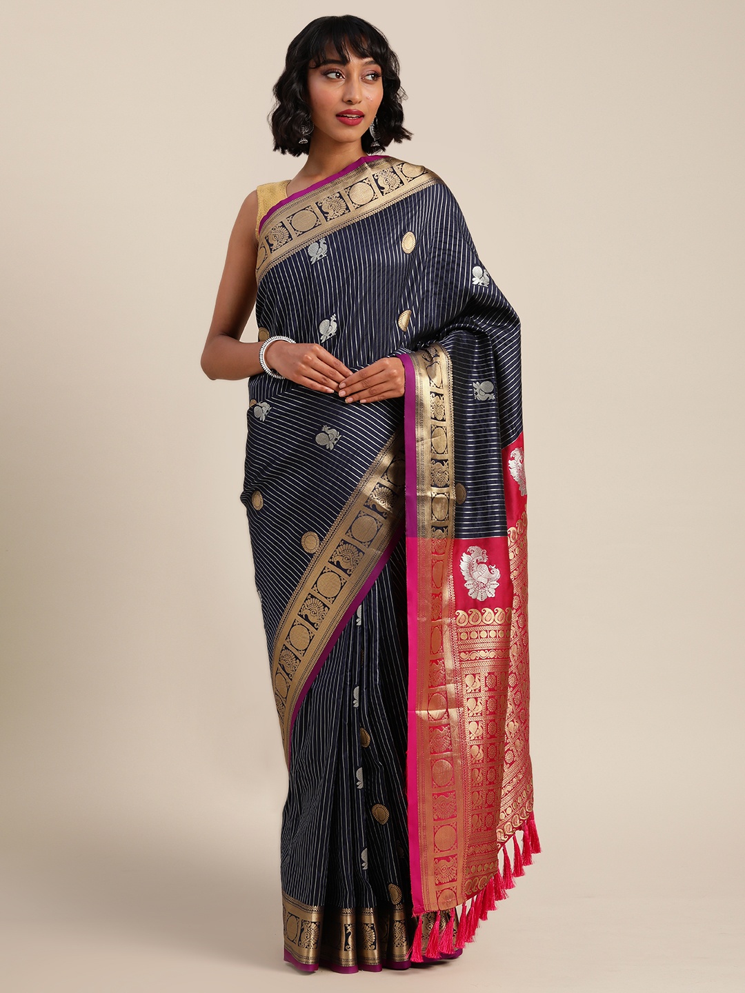 

VASTRANAND Navy Blue Silk Blend Woven Design Banarasi Saree