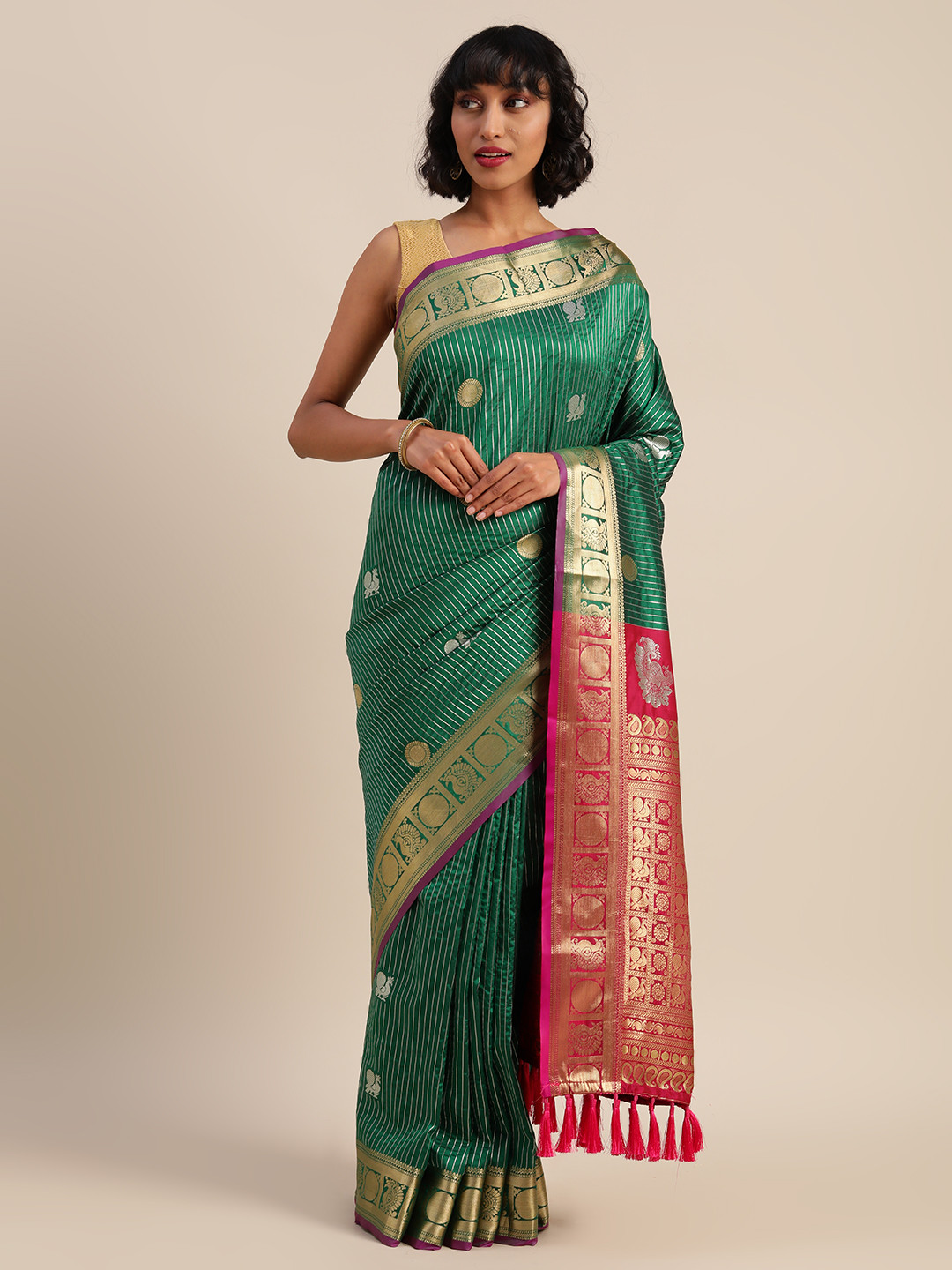 

VASTRANAND Green & Gold-Toned Silk Blend Striped Banarasi Saree