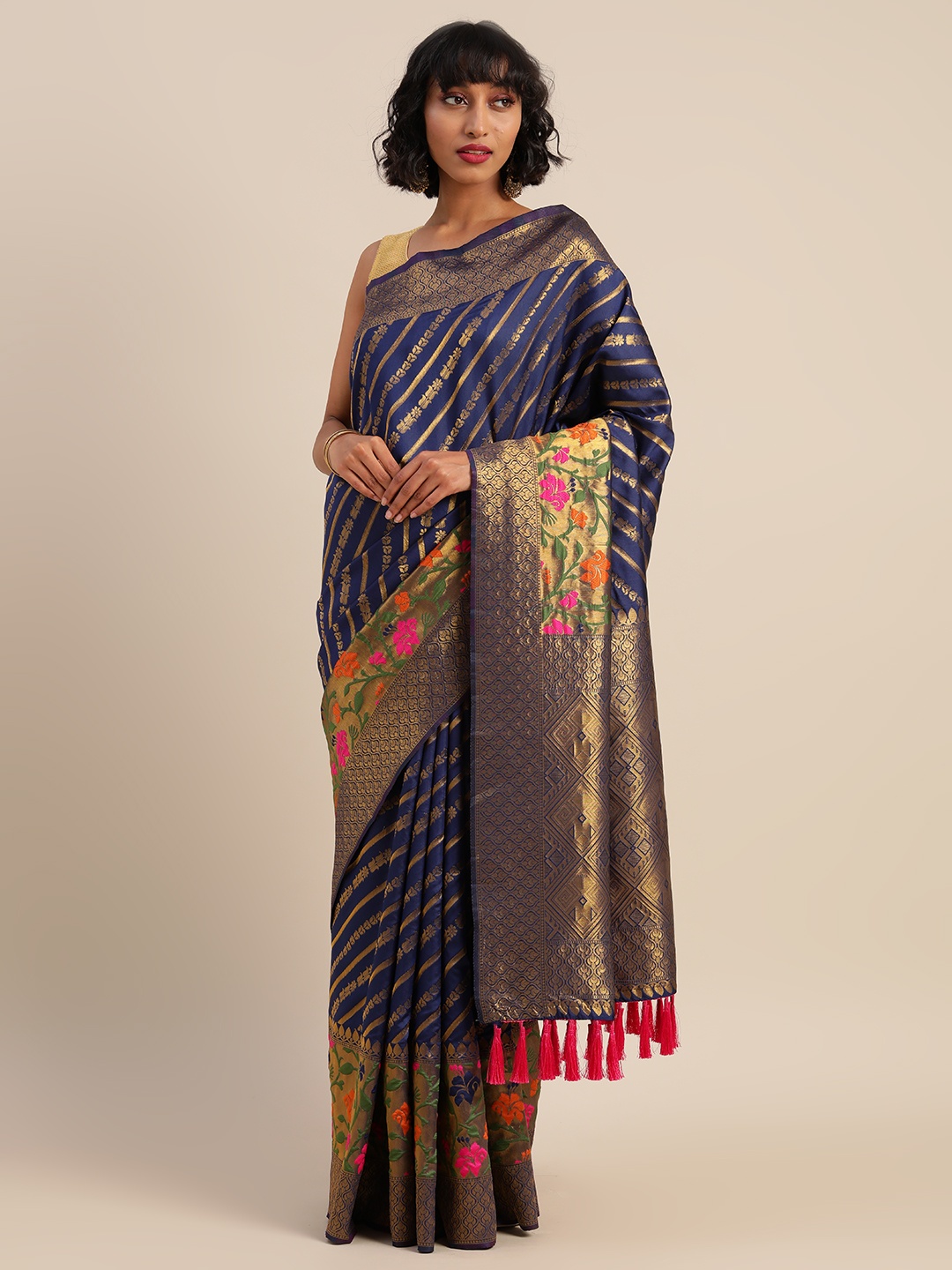 

VASTRANAND Navy Blue & Beige Silk Cotton Printed Banarasi Saree