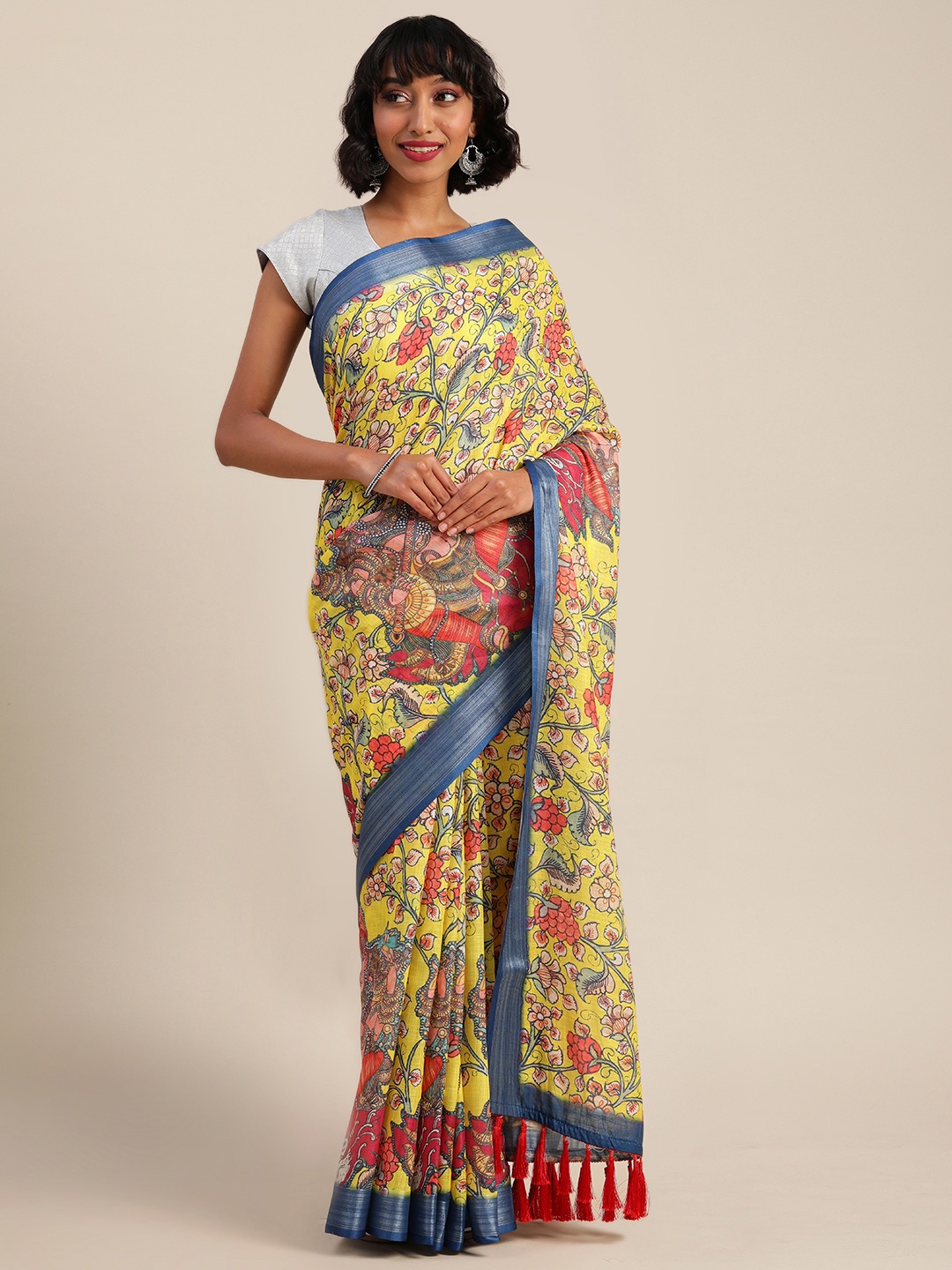 

VASTRANAND Yellow & Red Linen Blend Kalamkari Printed Saree