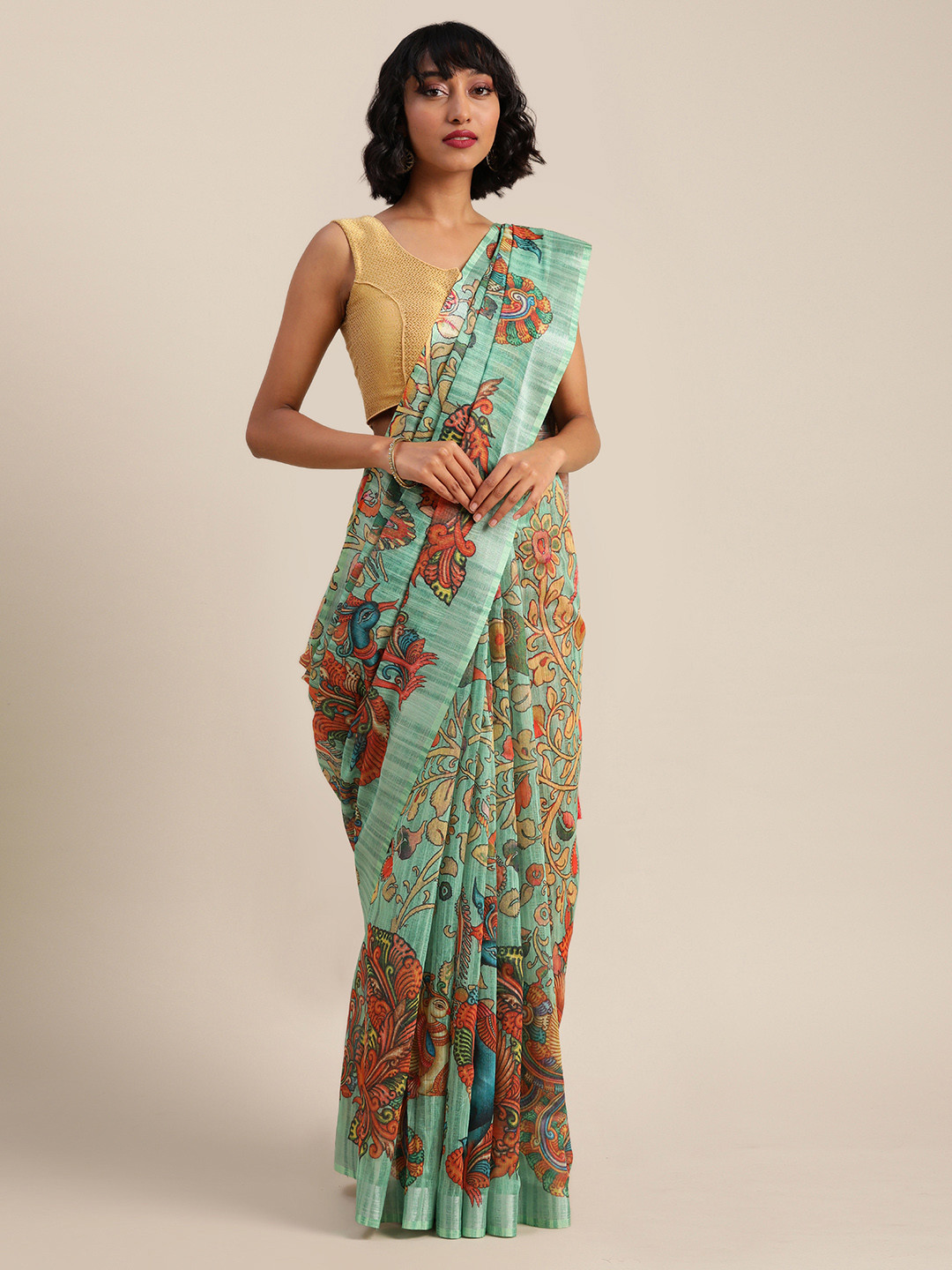 

VASTRANAND Sea Green & Peach-Coloured Linen Blend Printed Saree