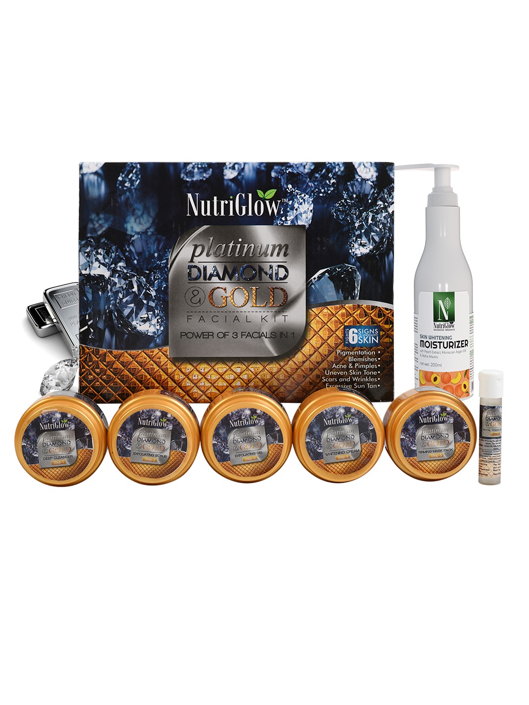 

NutriGlow Platinum Diamond & Gold Facial Kit 250g+10ml & Skin Whitening Moisturizer 200ml, Multi