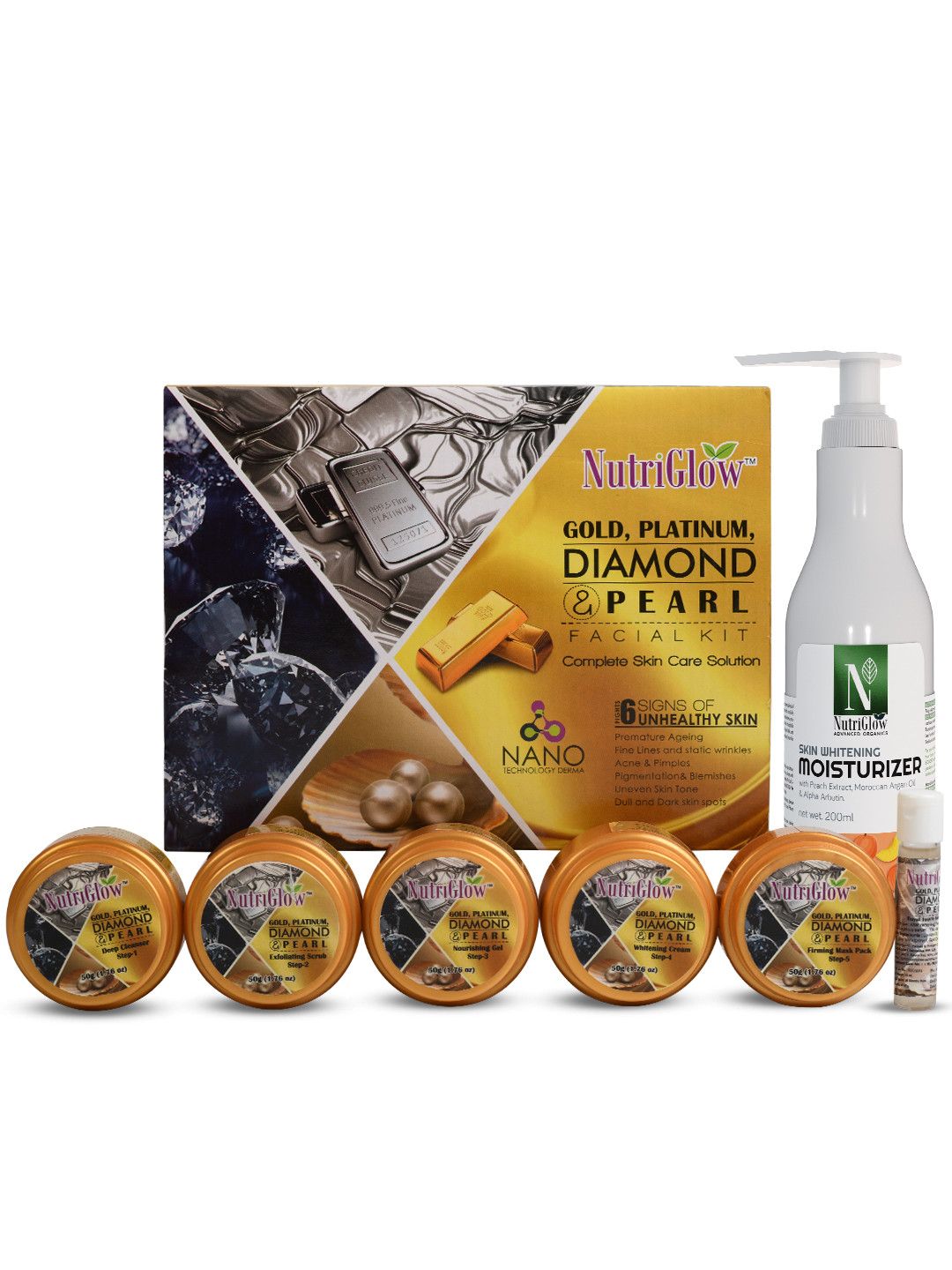 

NutriGlow Gold Platinum Diamond & Pearl Facial Kit 260g & Skin Whitening Moisturizer 200ml, Yellow