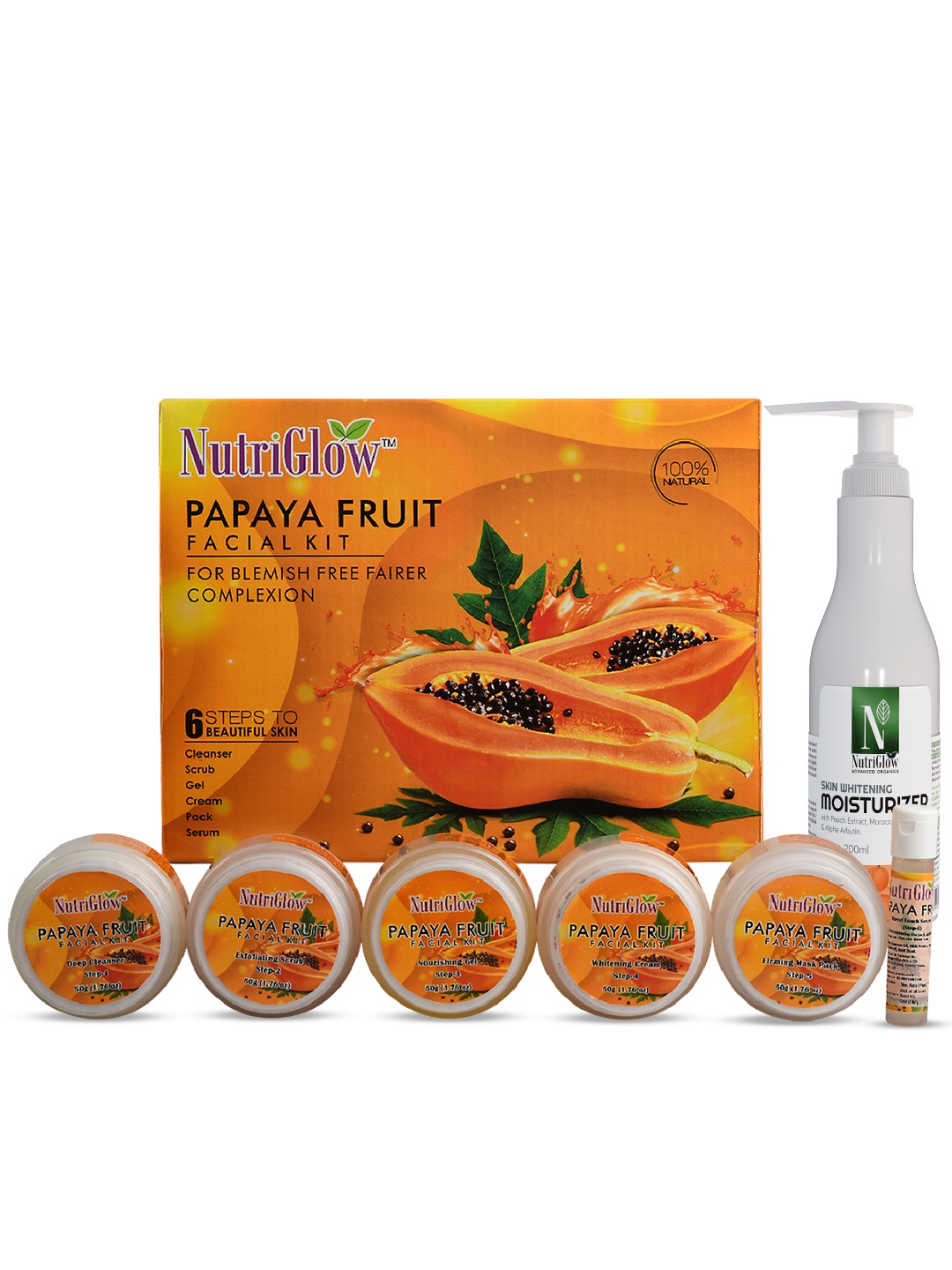 

NutriGlow Pack of 2 Papaya Fruit Facial Kit (260 gm) & Skin Whitening Moisturizer (200 ml), Multi
