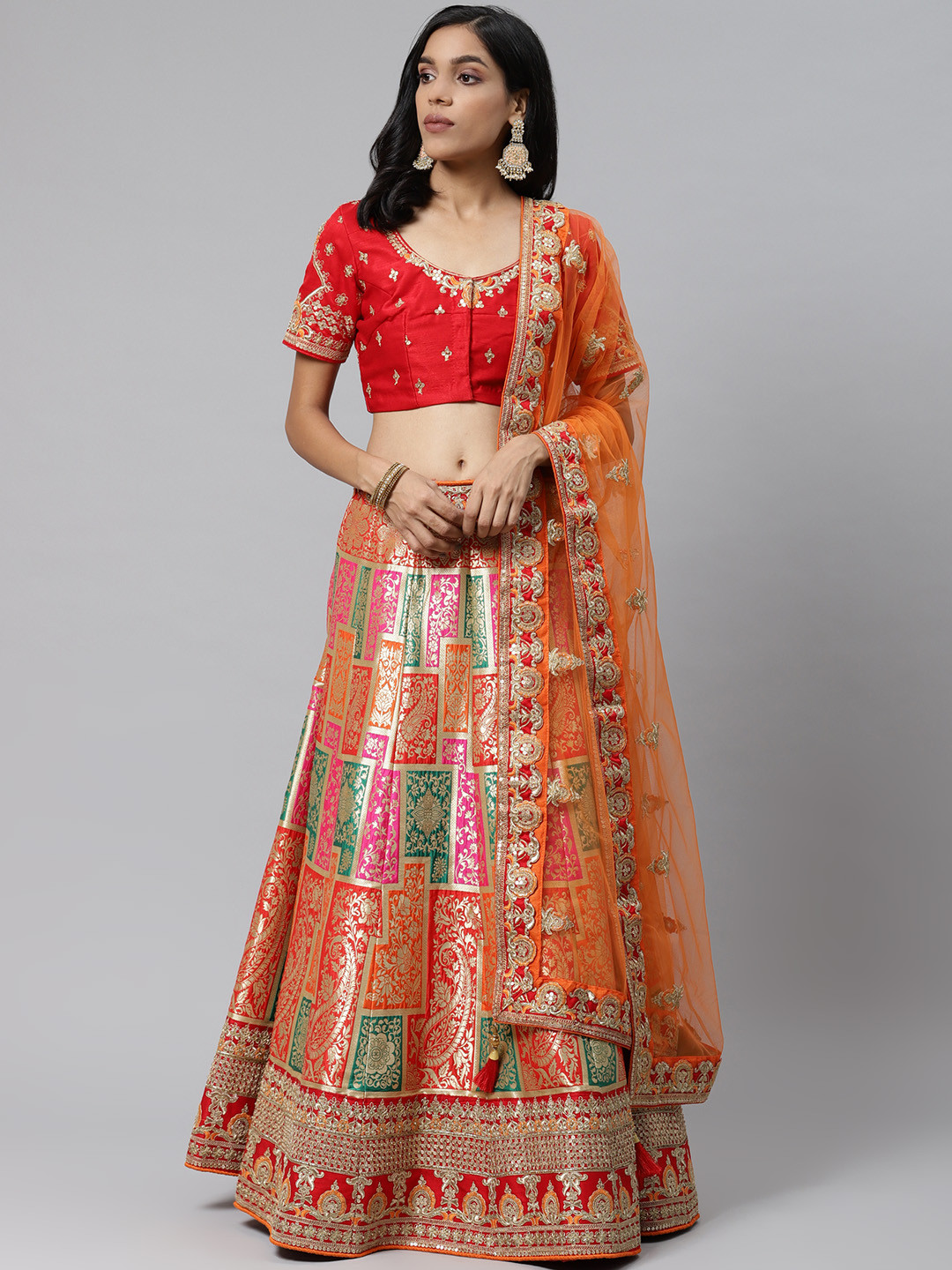 

Readiprint Fashions Orange & Red Woven Design Semi-Stitched Lehenga & Unstitched Blouse with Dupatta