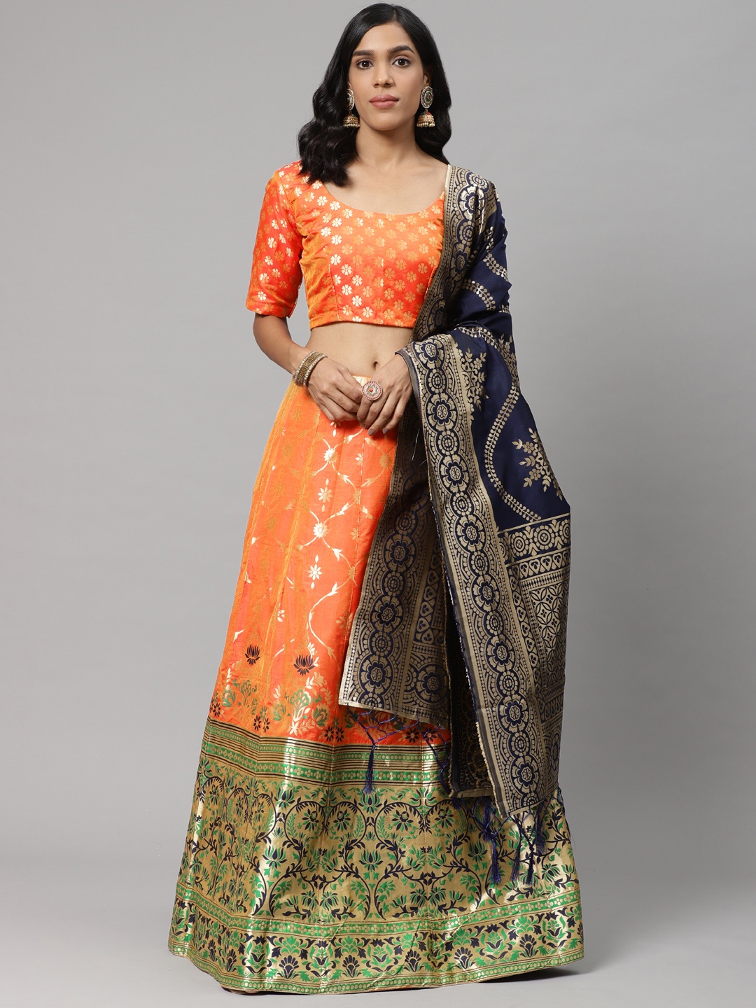 

Readiprint Fashions Orange & Navy Blue Woven Design Semi-Stitched Lehenga & Unstitched Blouse with Dupatta