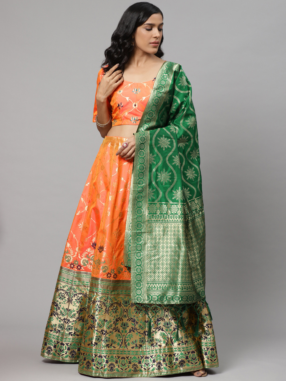 

Readiprint Fashions Orange & Green Woven Design Semi-Stitched Lehenga & Unstitched Blouse with Dupatta