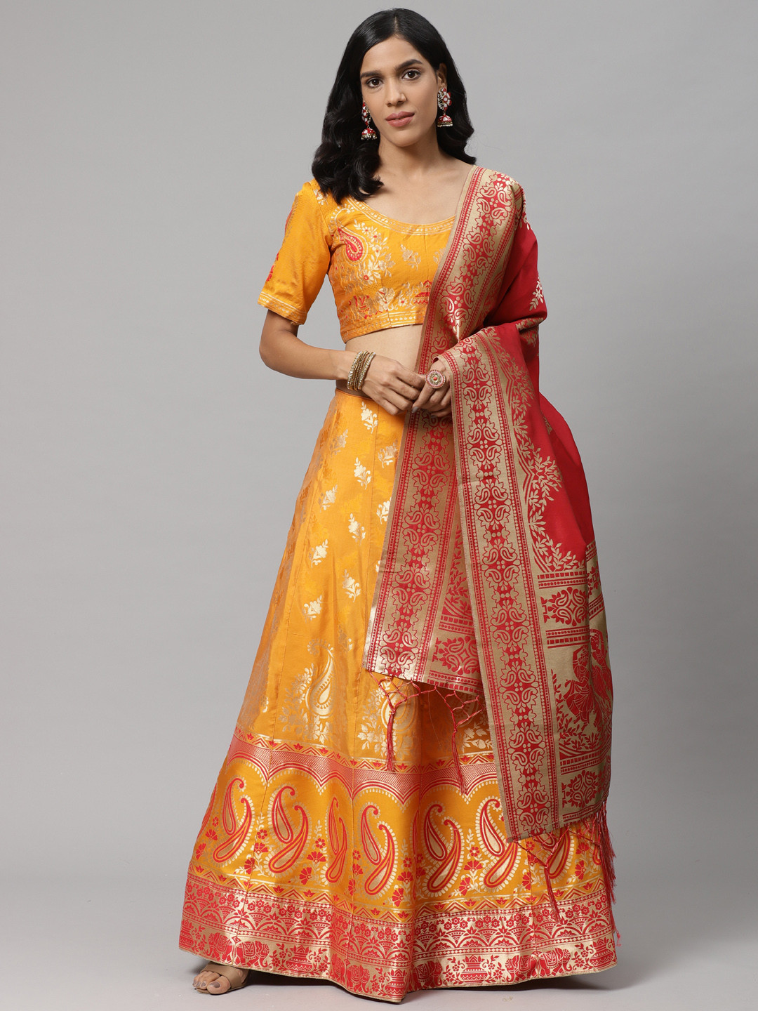 

Readiprint Fashions Yellow & Red Woven Design Semi-Stitched Lehenga & Unstitched Blouse with Dupatta, Mustard