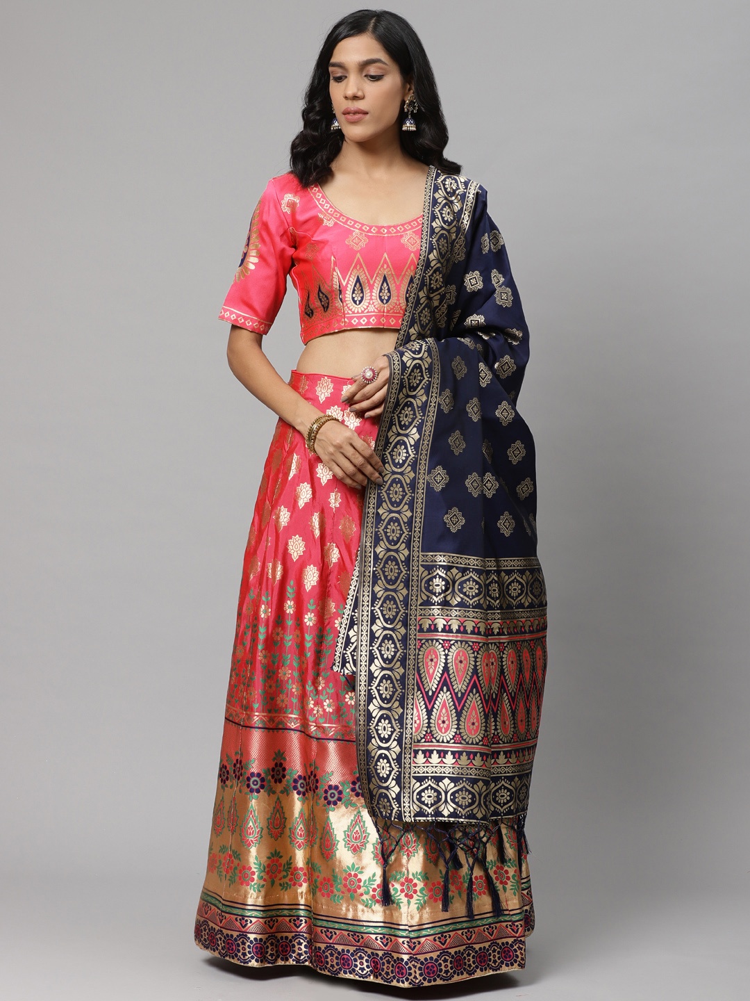 

Readiprint Fashions Pink & Navy Blue Woven Design Semi-Stitched Lehenga & Unstitched Blouse with Dupatta