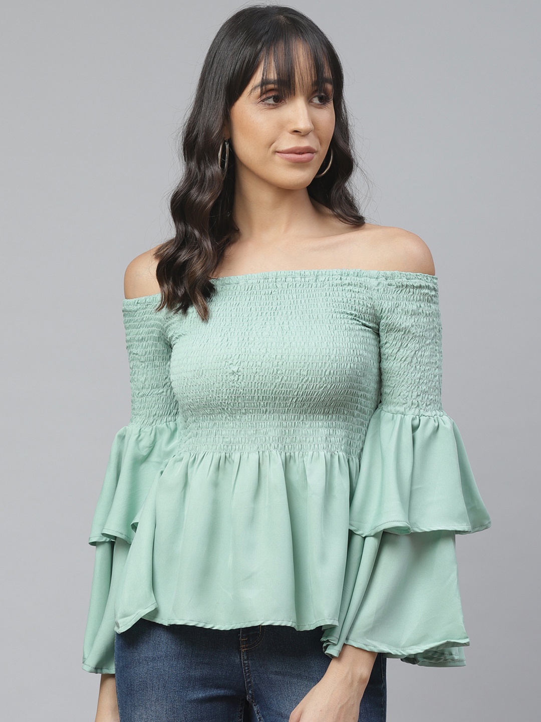 

ATRAENTA Women Sea Green Solid Smocked Bardot Top