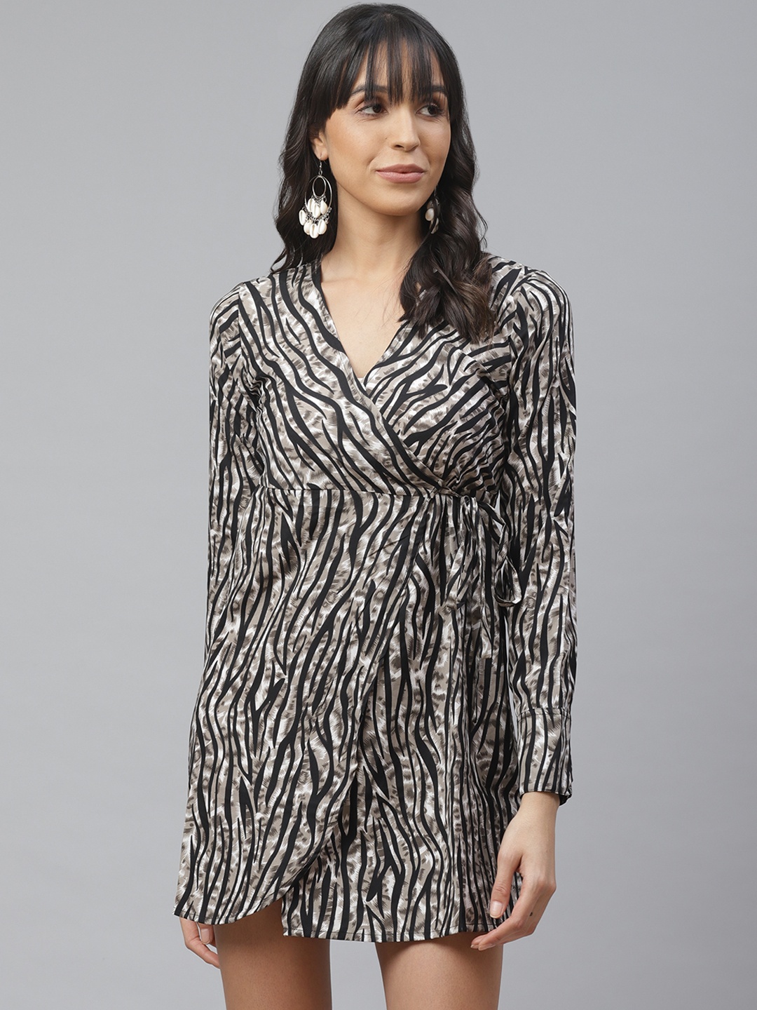 

ATRAENTA Women Taupe & Black Zebra Print Wrap Dress