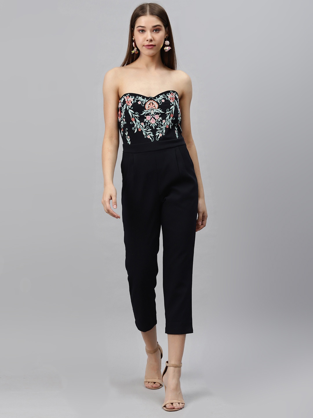 

ATRAENTA Women Black & Blue Embroidered Off Shoulder Cropped Basic Jumpsuit