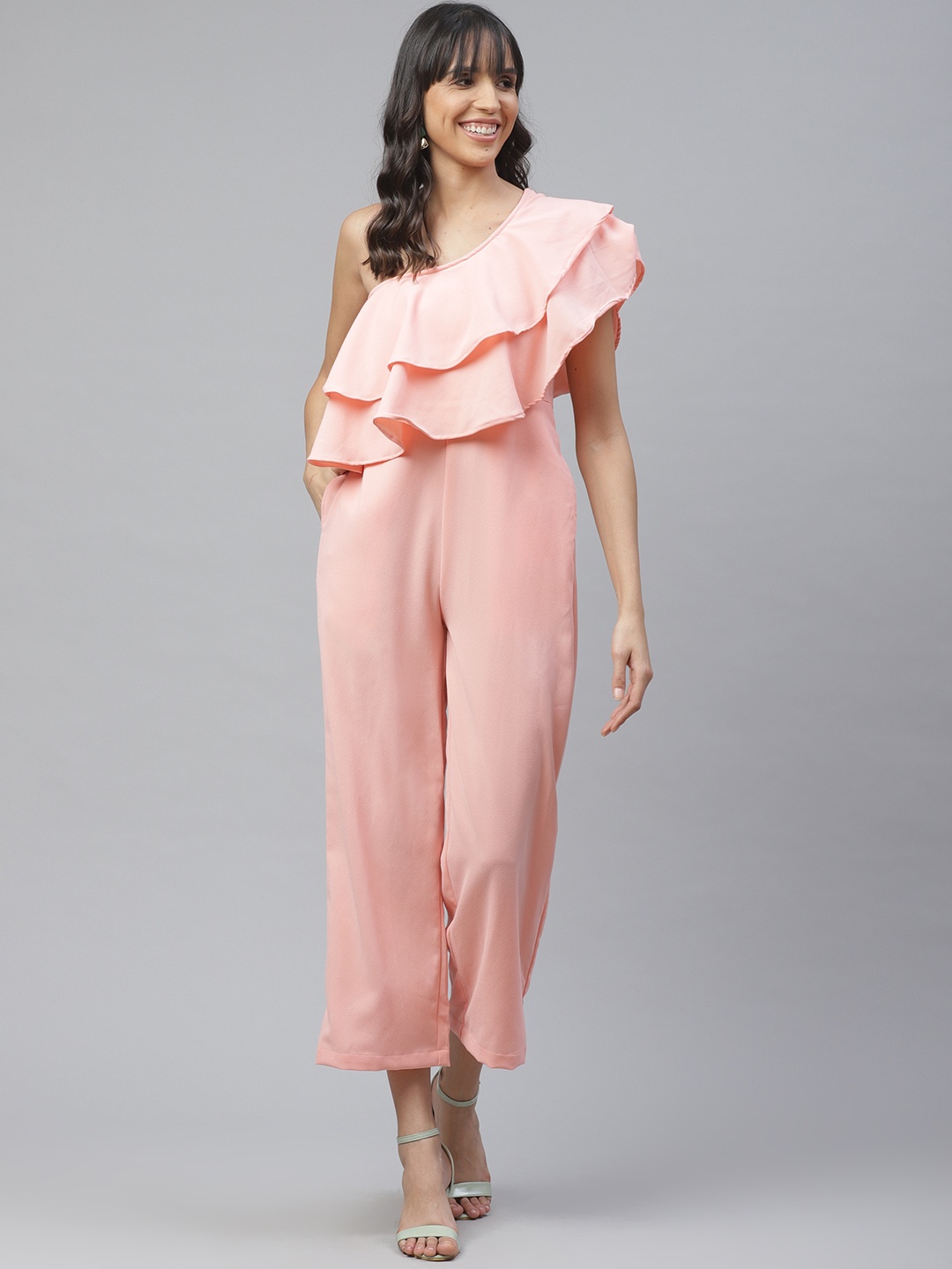 

ATRAENTA Women Pink Solid Ruffled One-Shoulder Basic Jumpsuit