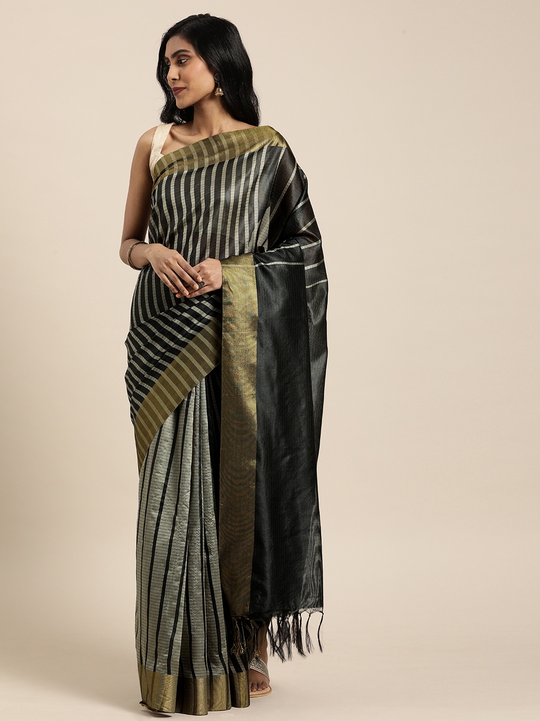 

Rajnandini Black & Grey Cotton Blend Striped Saree