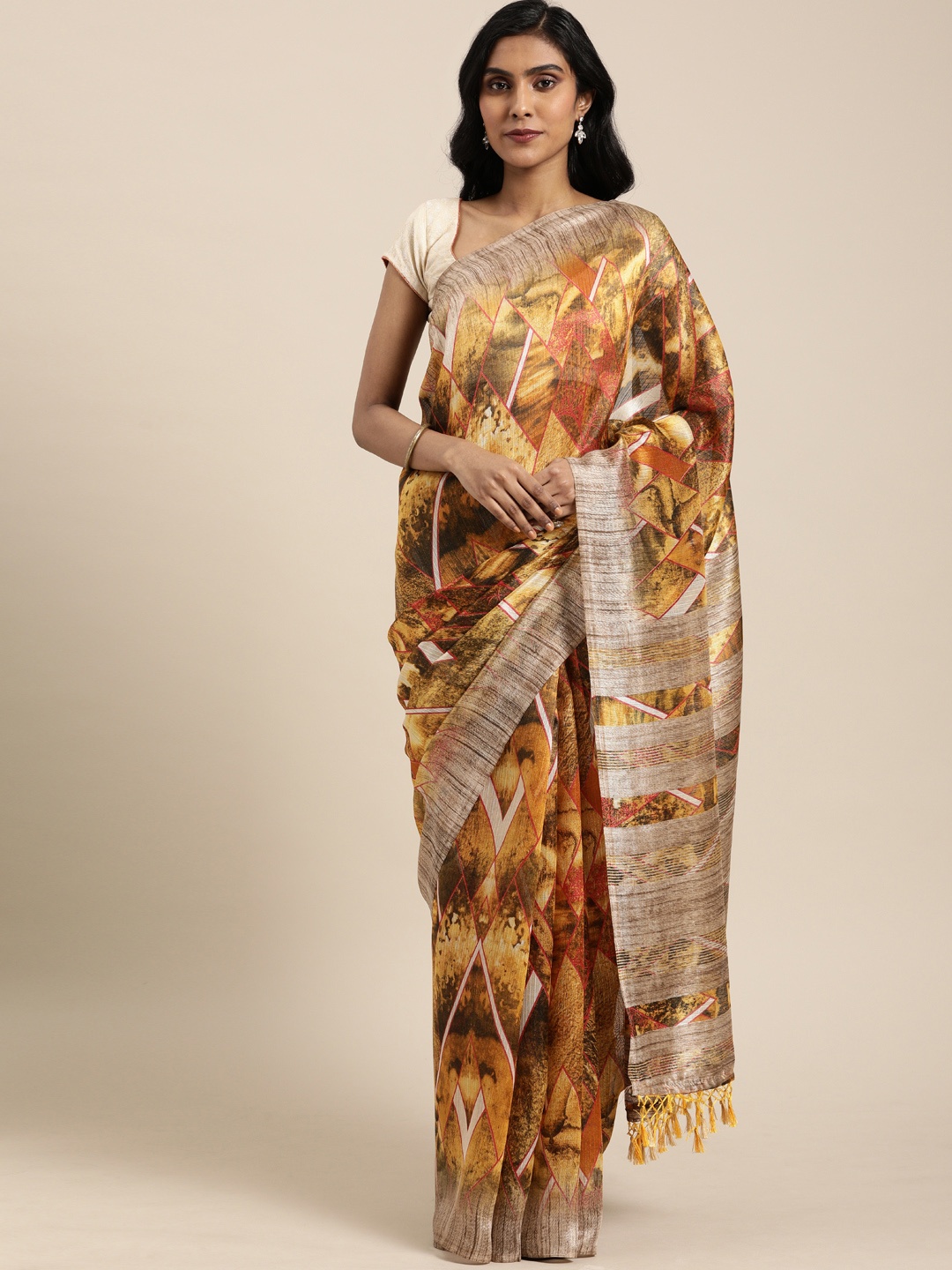 

Rajnandini Yellow & Beige Cotton Blend Geometric Printed Saree