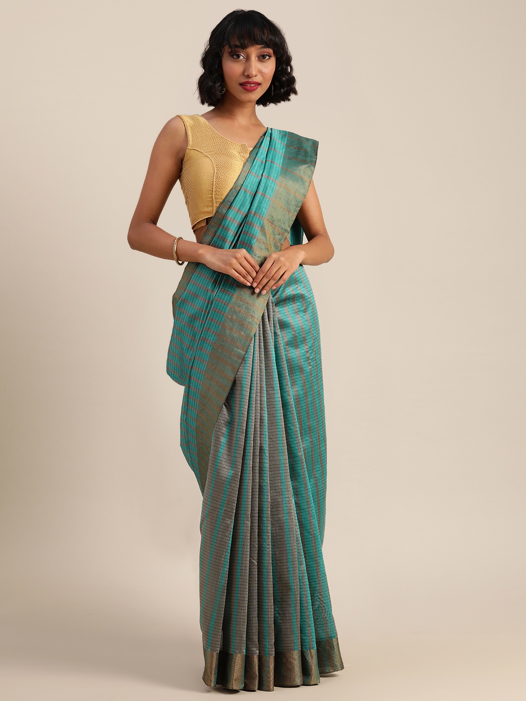 

Rajnandini Teal Green & Grey Cotton Blend Striped Leheriya Saree